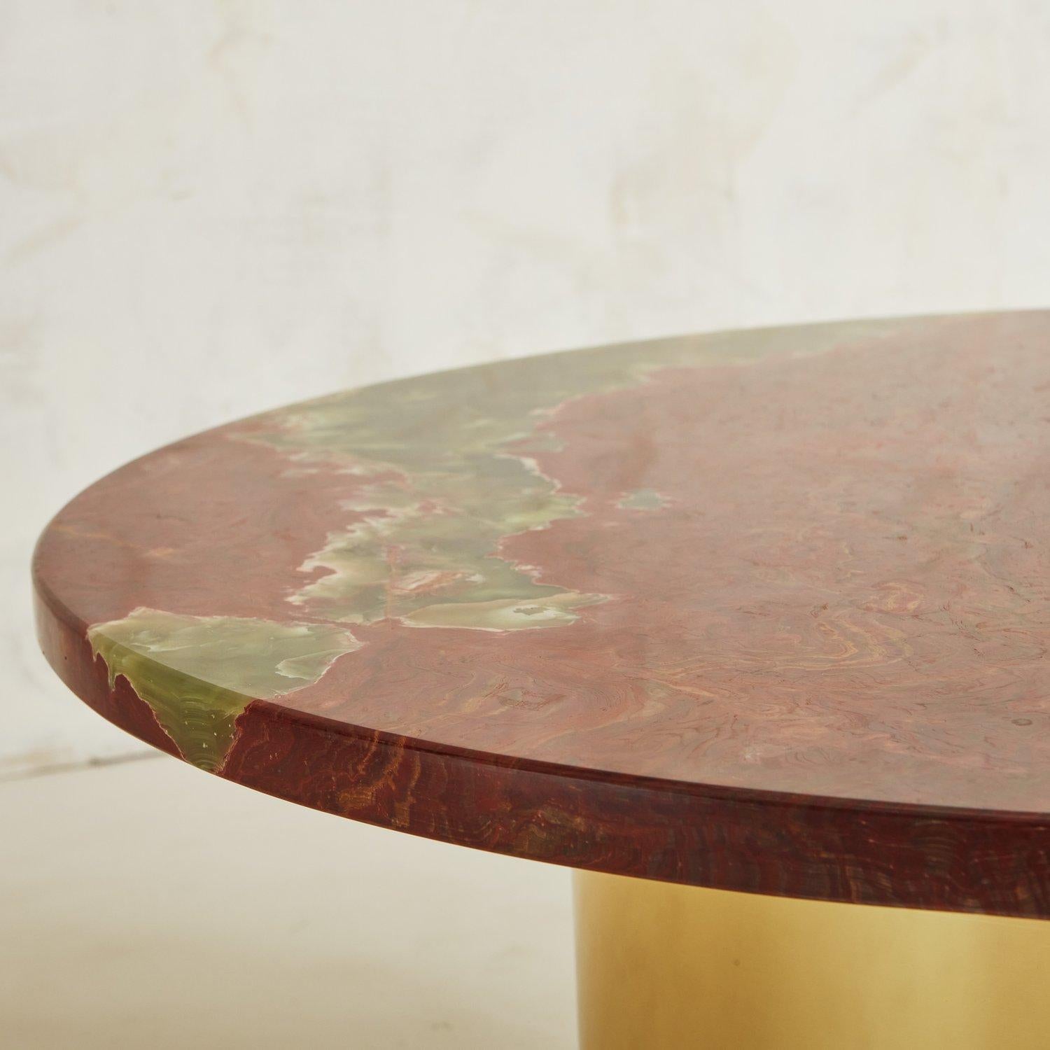 Round Red Onyx Coffee Table with Brass Wrapped Pedestal Base 7