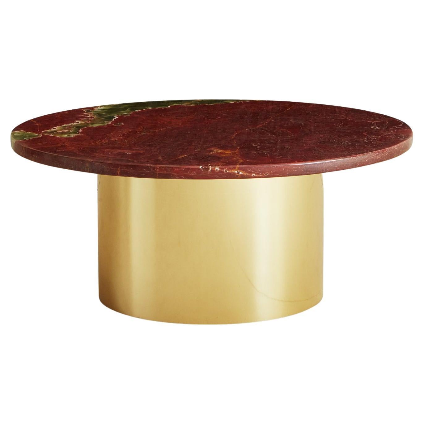 Round Red Onyx Coffee Table with Brass Wrapped Pedestal Base