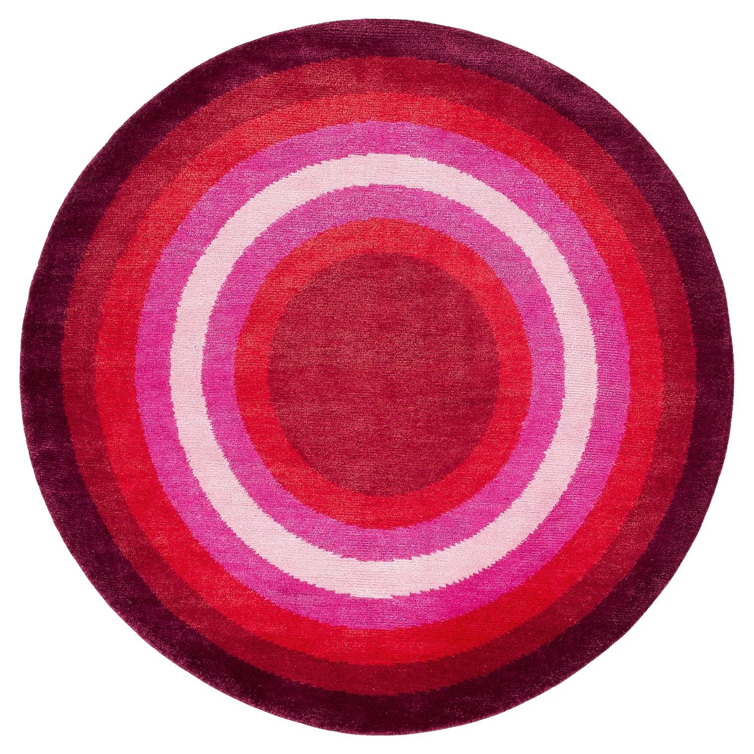Round Red Pink Pop Silk and Wool Accessory Rug Brad Bullseye by Joseph Carini