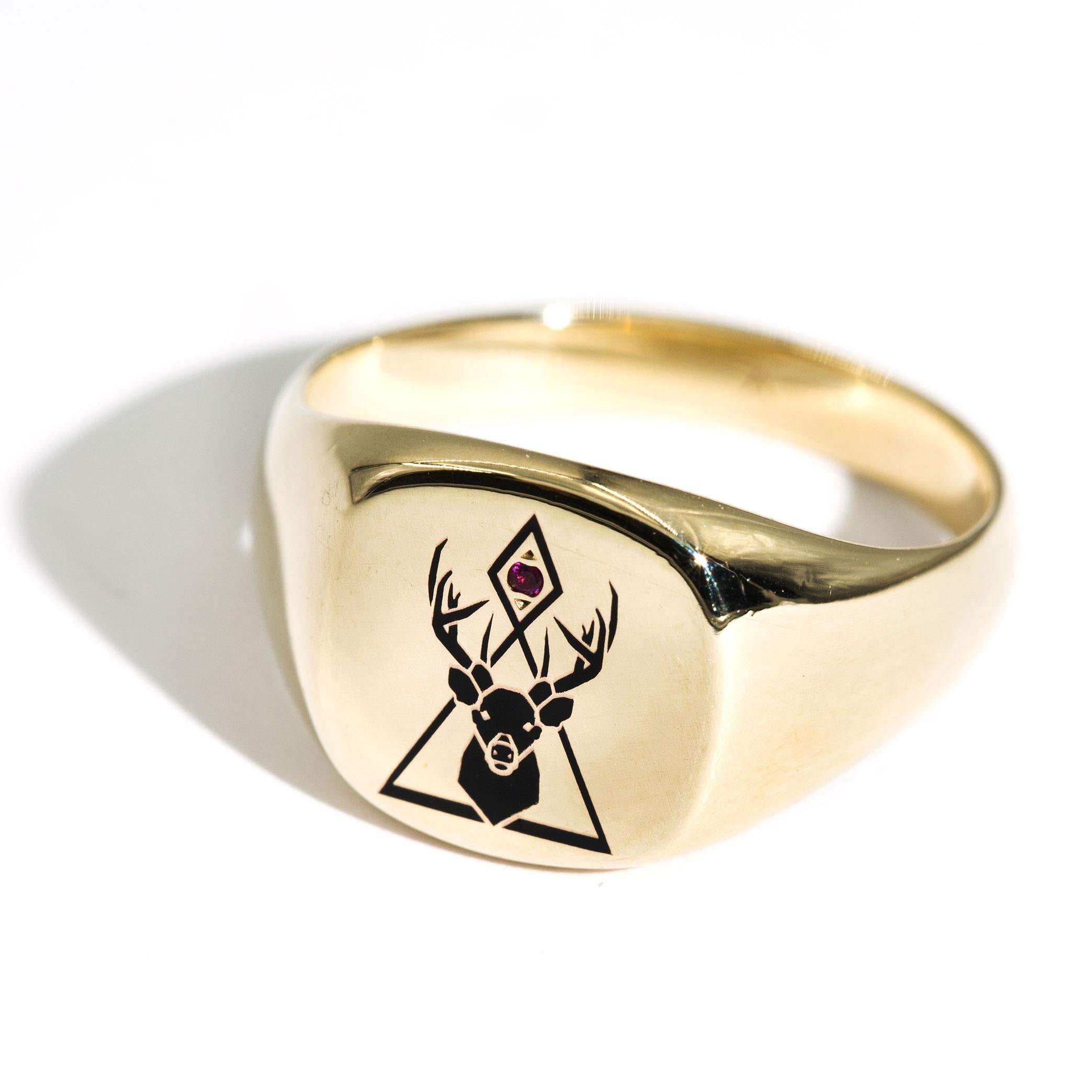 Women's or Men's Round Red Ruby and Black Enamel 9 Carat Yellow Gold Mens Vintage Signet Ring