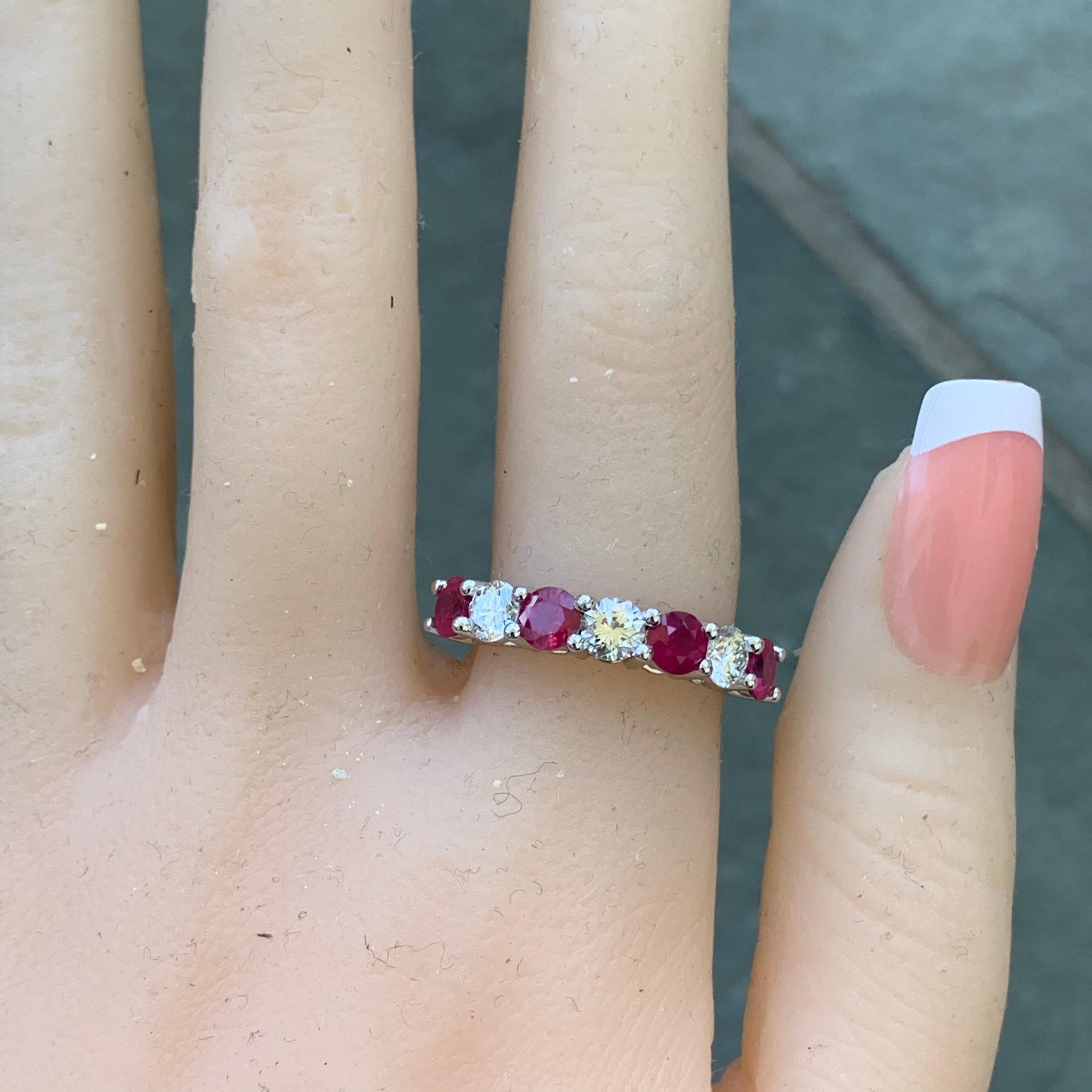 Modern Round Red Ruby and Diamond Half Eternity Band 14 Karat White Gold For Sale