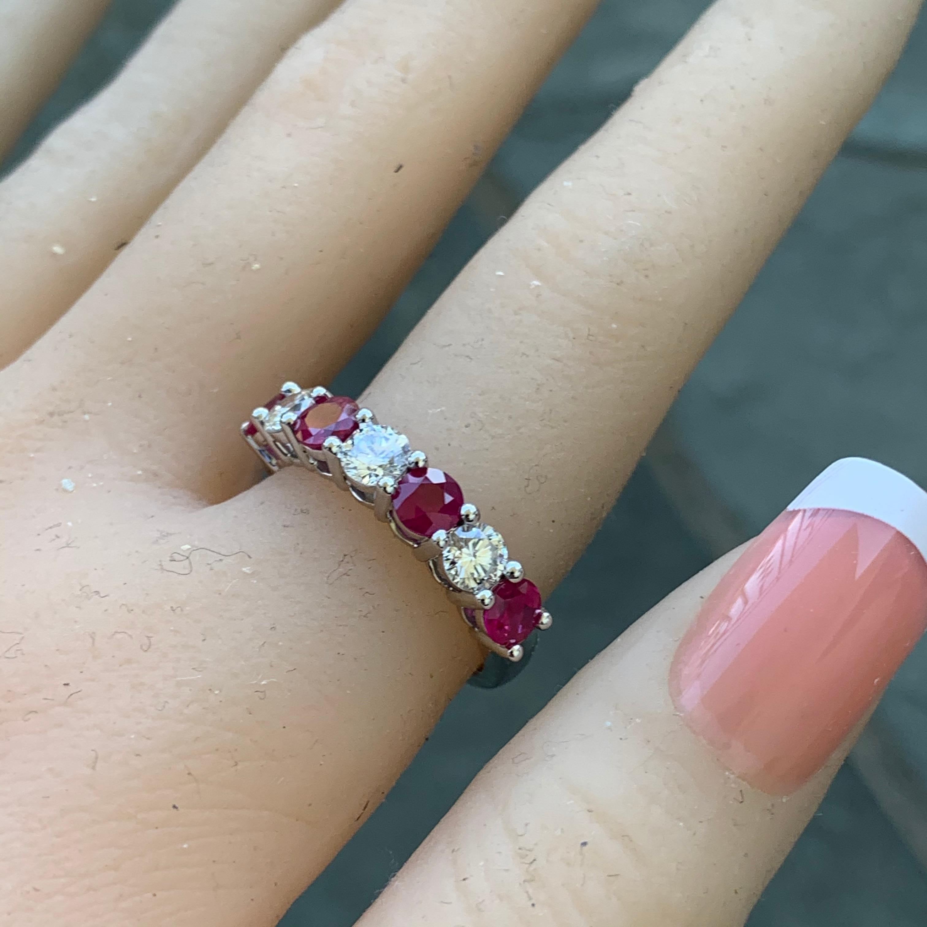Round Cut Round Red Ruby and Diamond Half Eternity Band 14 Karat White Gold For Sale
