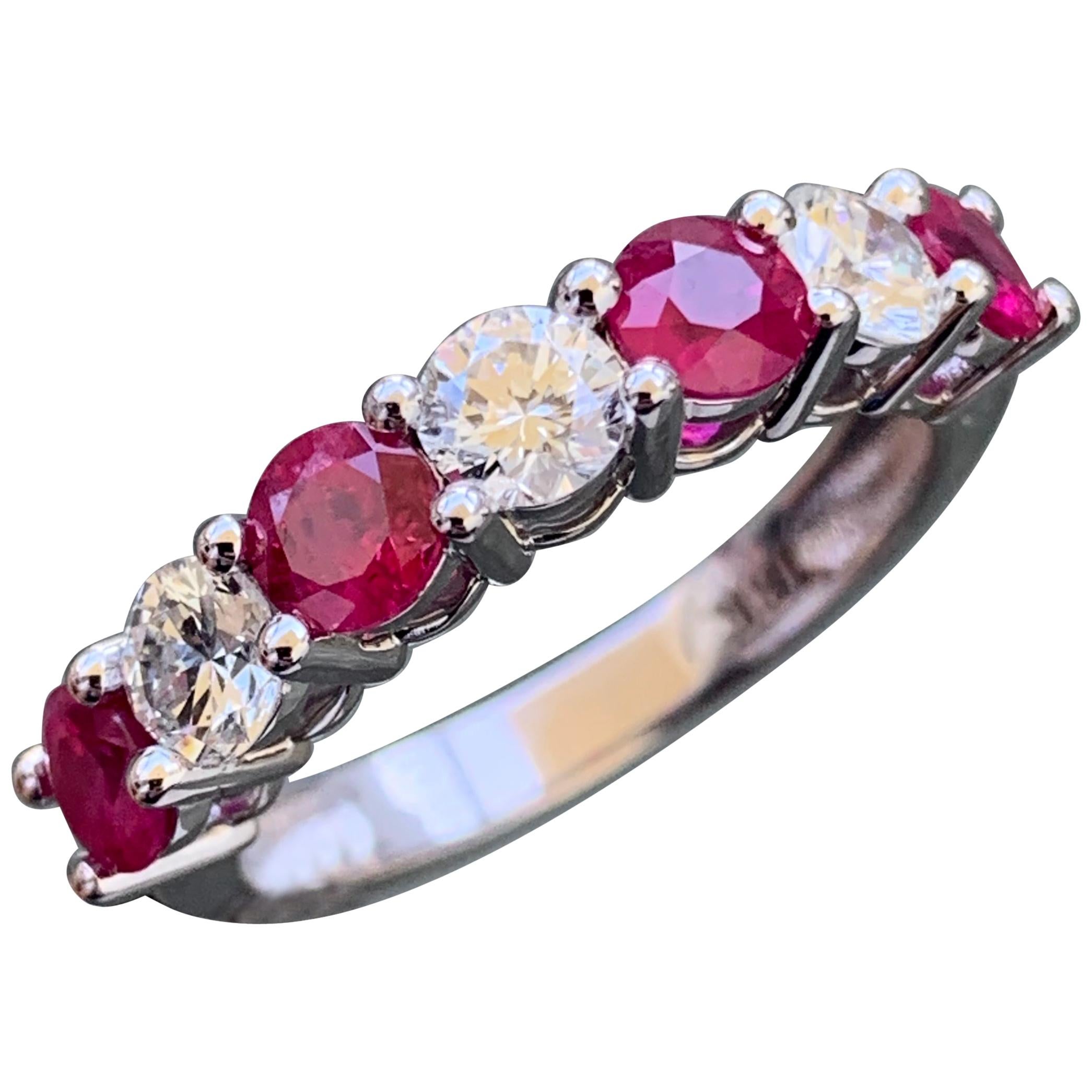 Round Red Ruby and Diamond Half Eternity Band 14 Karat White Gold For Sale
