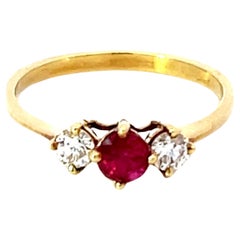 Retro Round Red Ruby and Diamond Ring 14k Yellow Gold