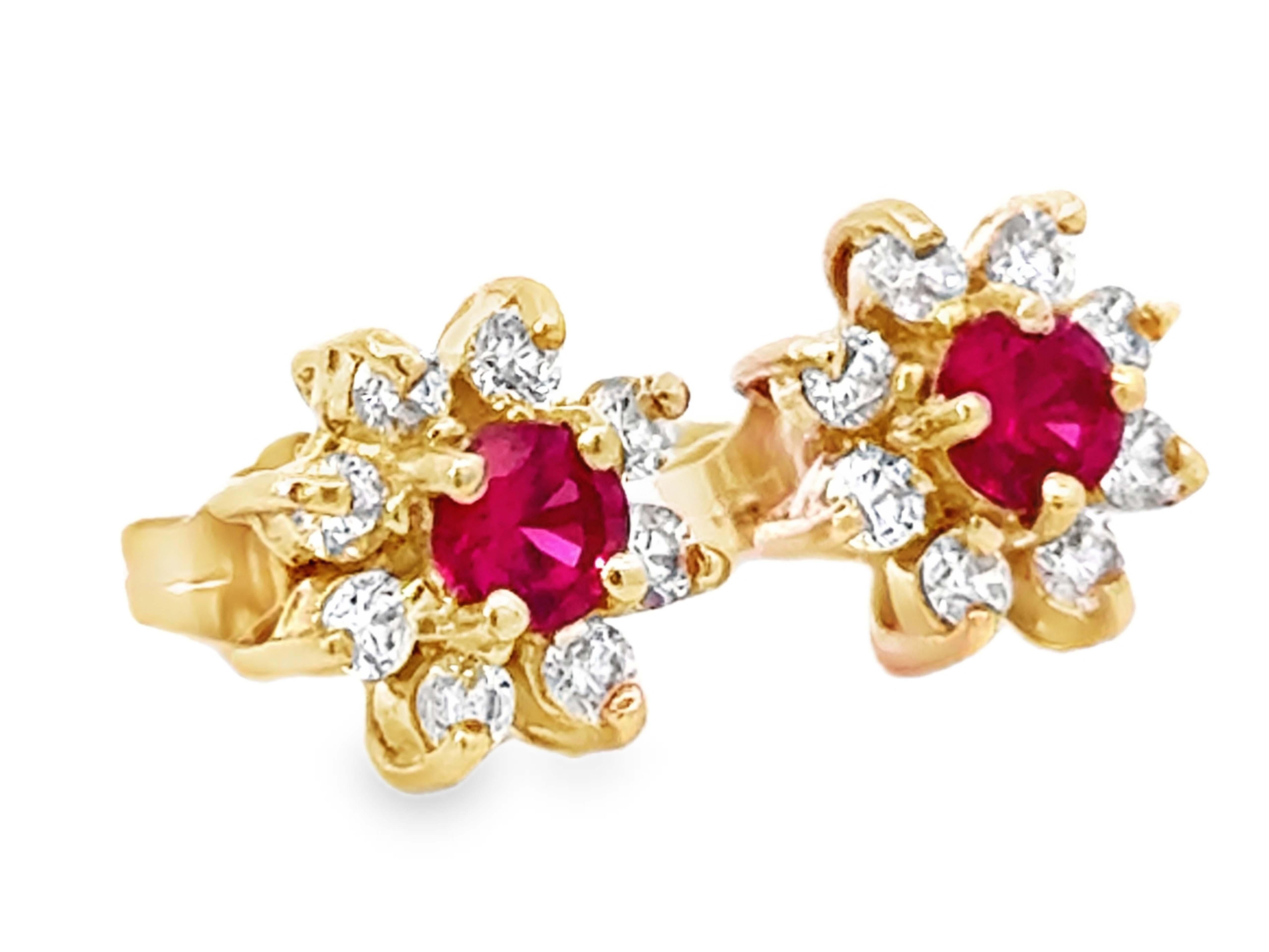 Modern Round Red Ruby Center Diamond Halo Flower Earrings 14K Yellow Gold For Sale