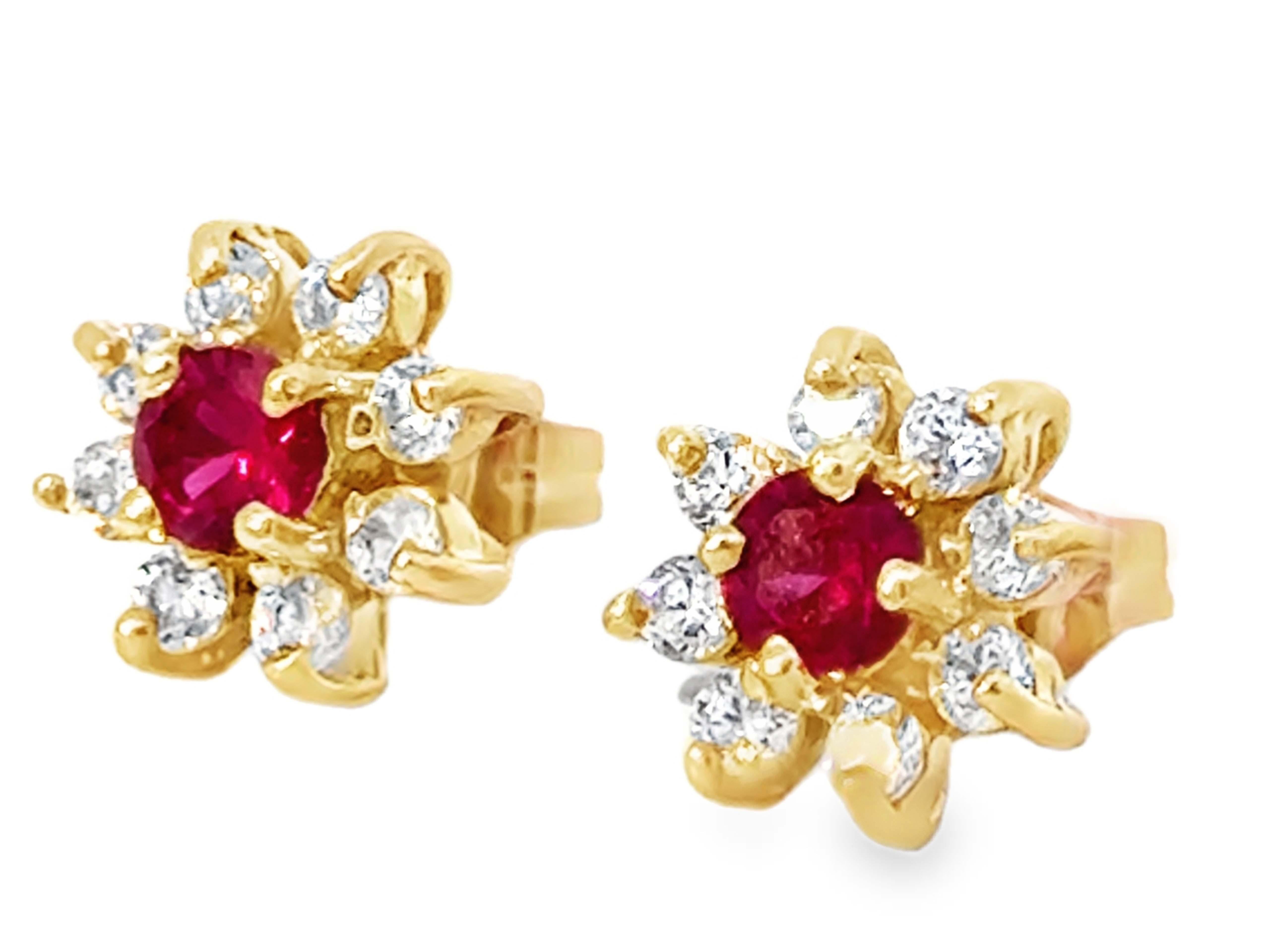 Round Cut Round Red Ruby Center Diamond Halo Flower Earrings 14K Yellow Gold For Sale