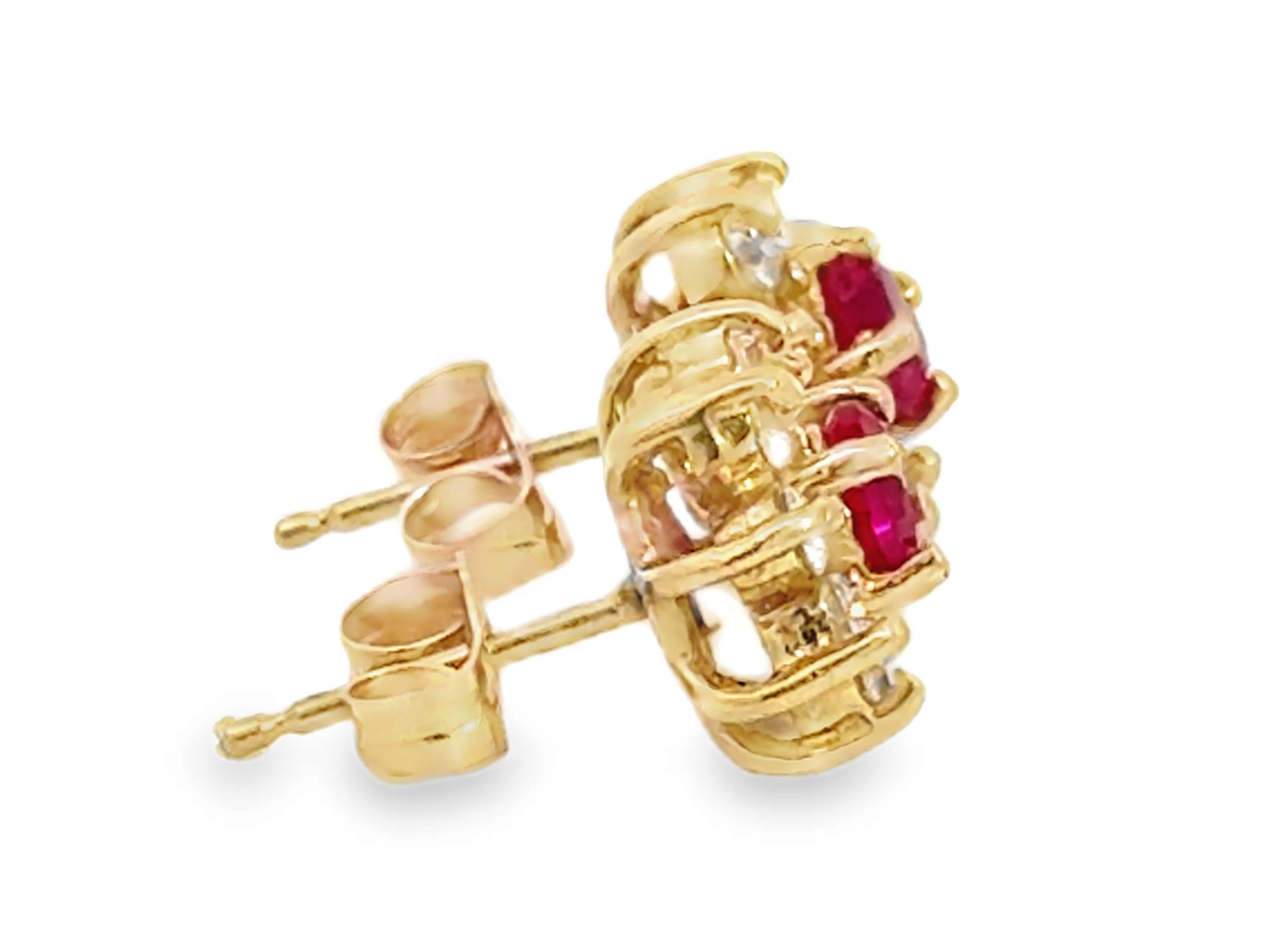Round Red Ruby Center Diamond Halo Flower Earrings 14K Yellow Gold In Excellent Condition For Sale In Honolulu, HI