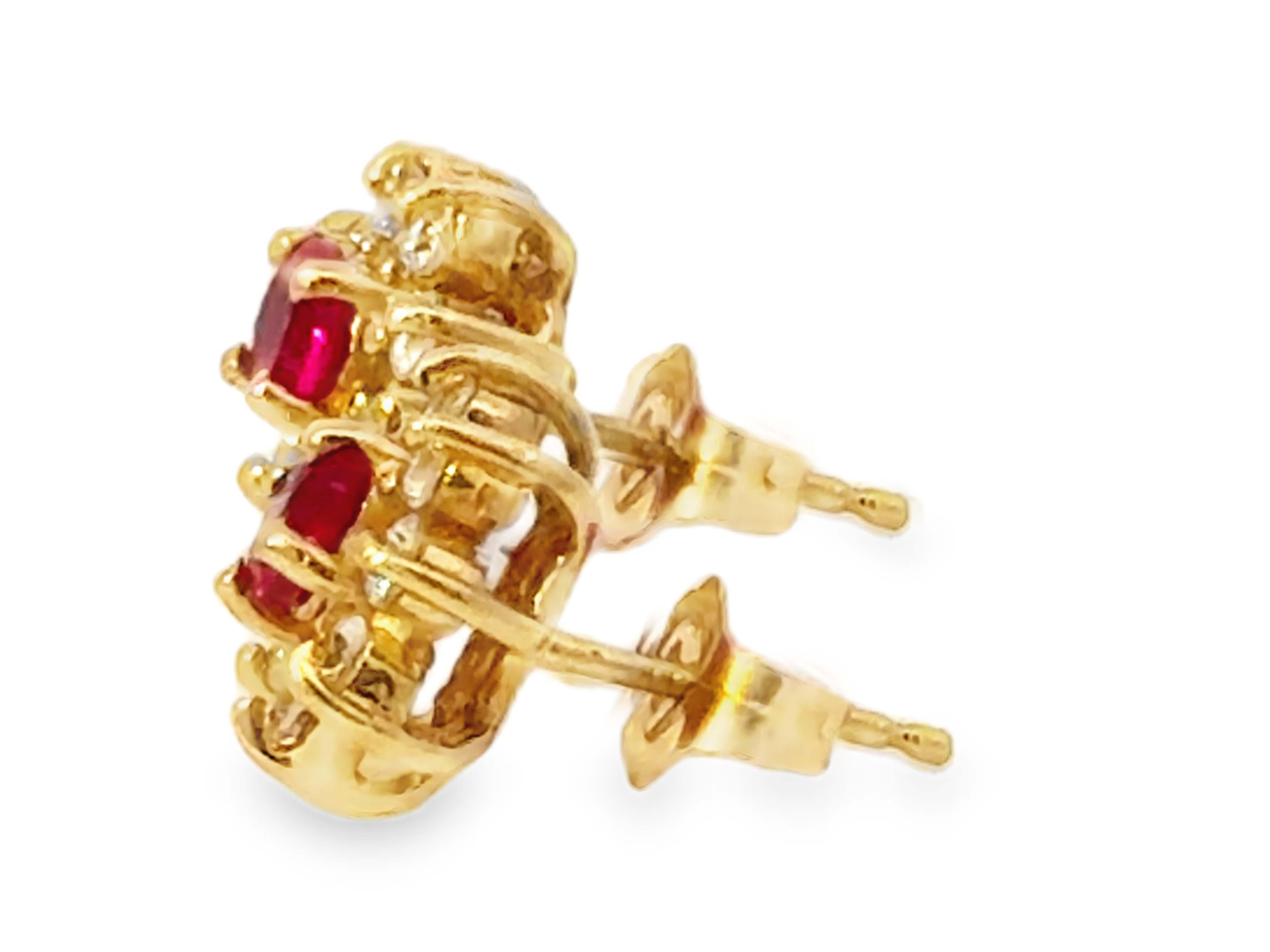 Women's Round Red Ruby Center Diamond Halo Flower Earrings 14K Yellow Gold For Sale