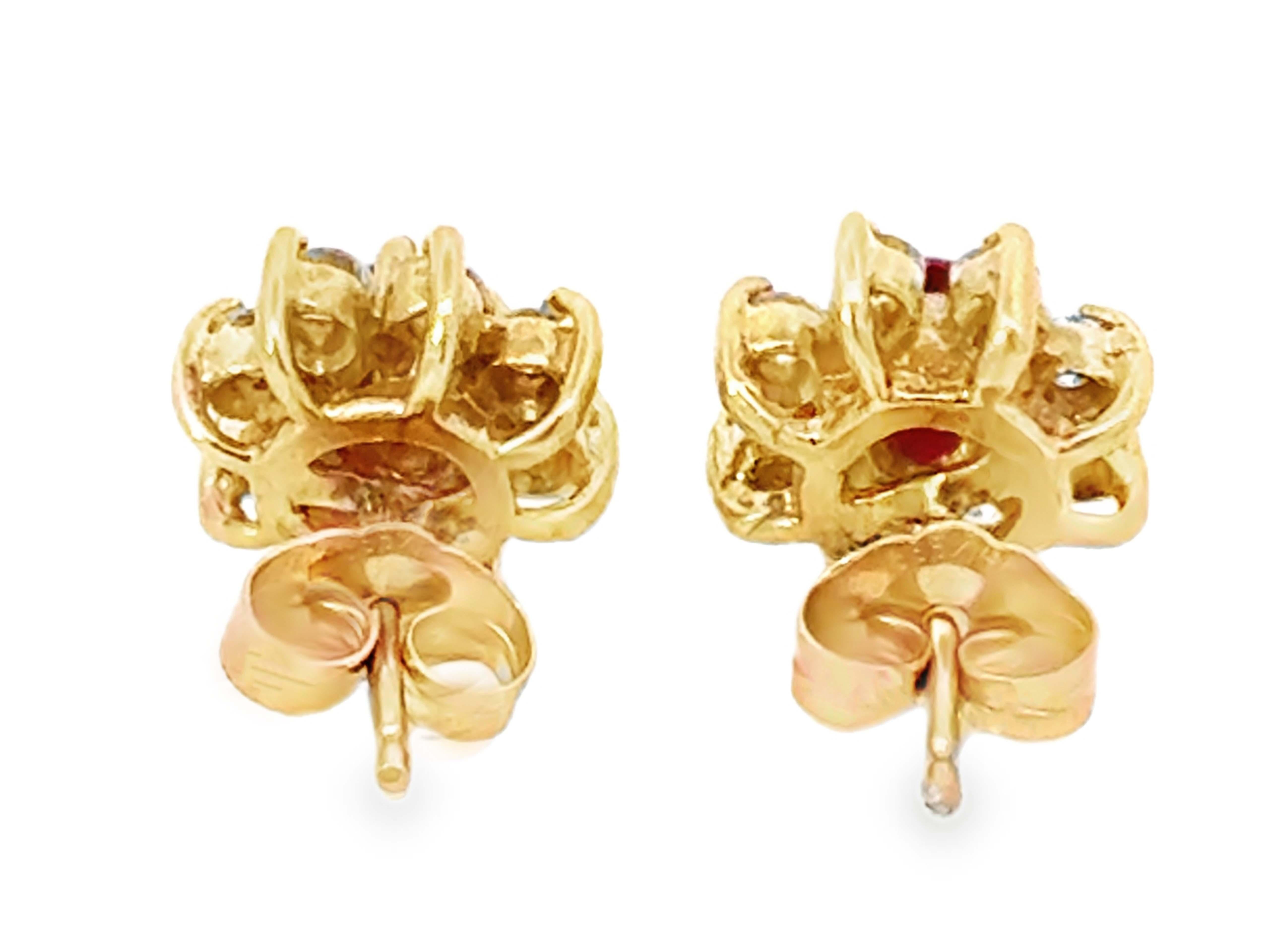 Round Red Ruby Center Diamond Halo Flower Earrings 14K Yellow Gold For Sale 1
