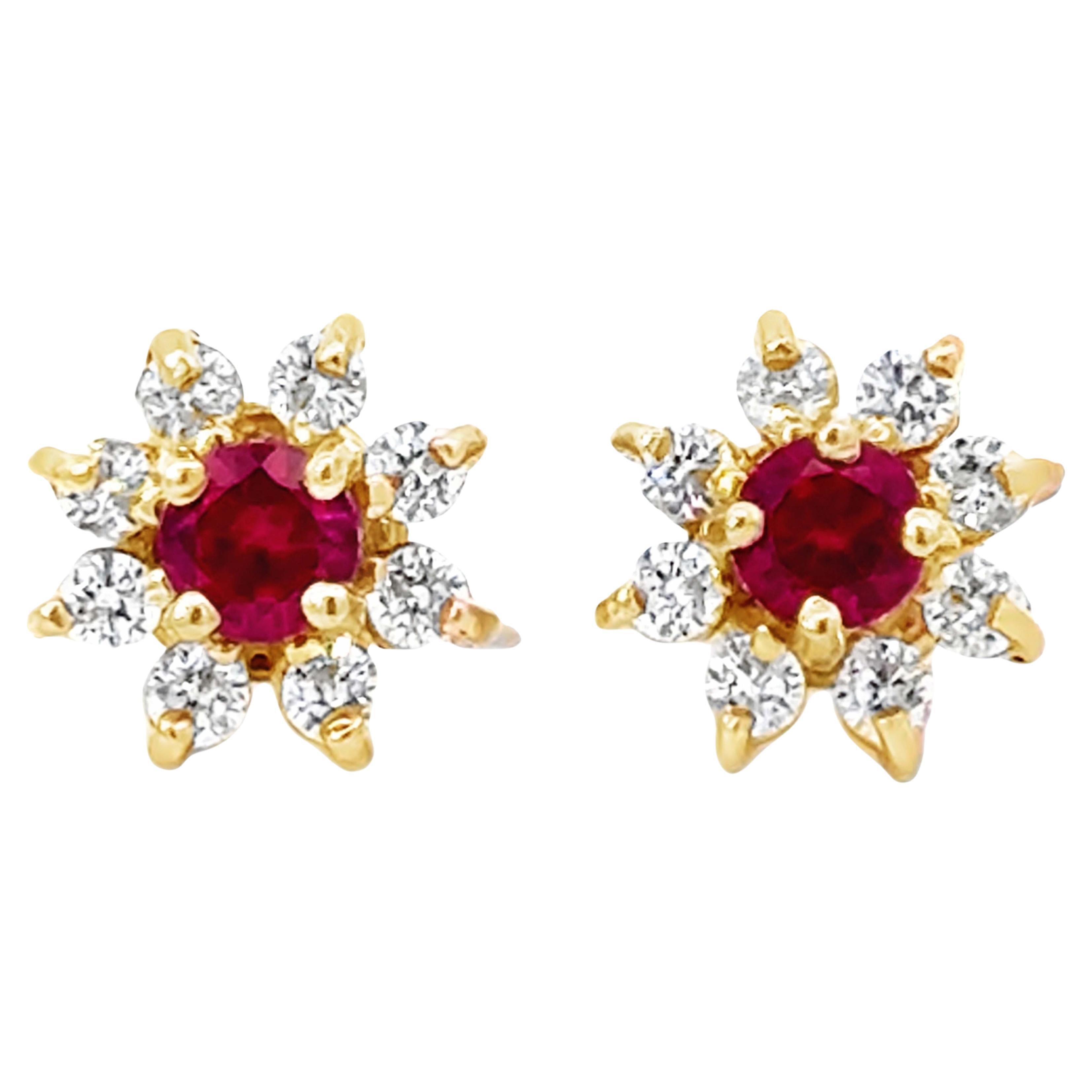 Round Red Ruby Center Diamond Halo Flower Earrings 14K Yellow Gold For Sale