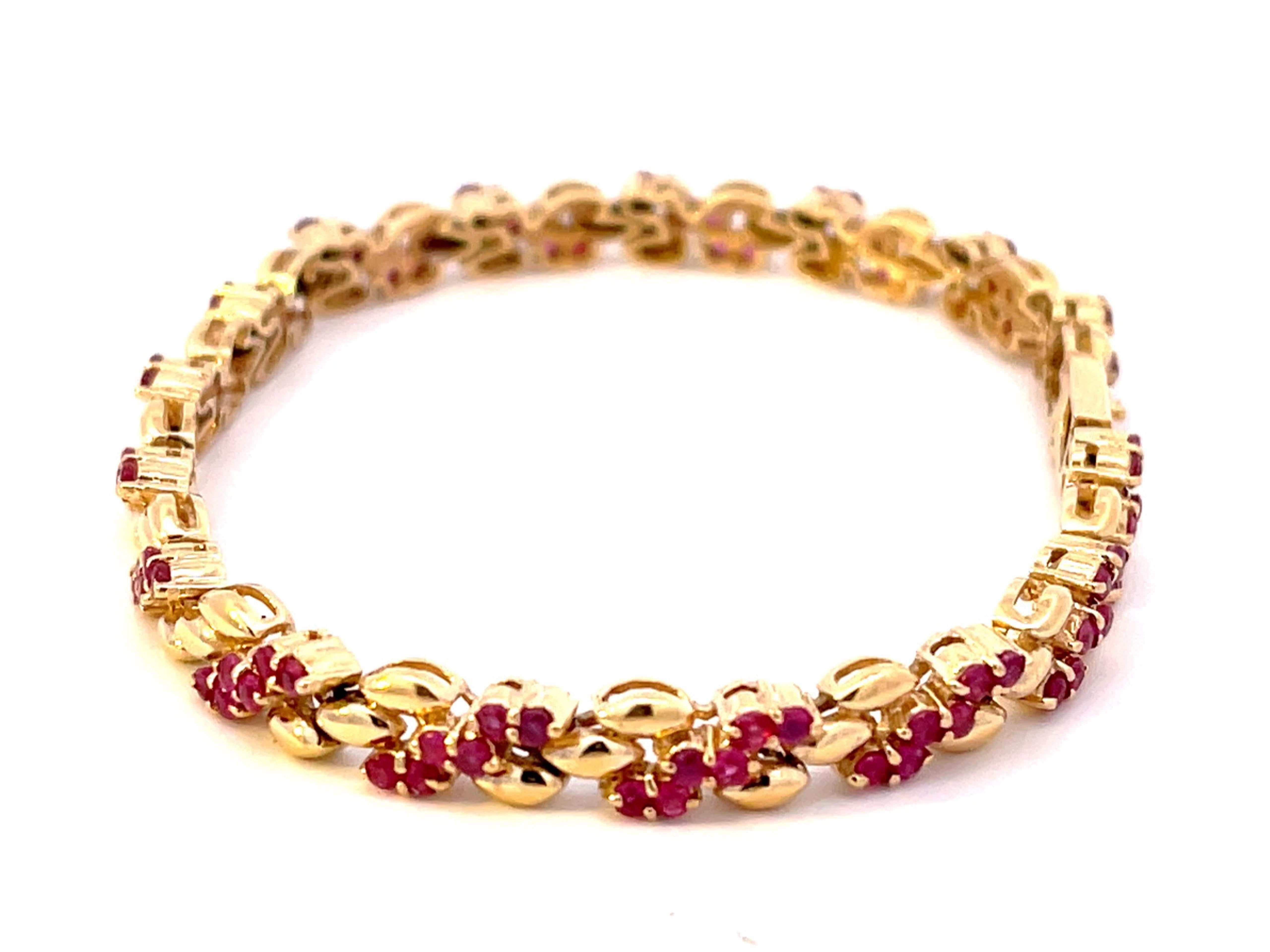 Round Red Ruby Gold Link Bracelet in 14k Yellow Gold For Sale 1