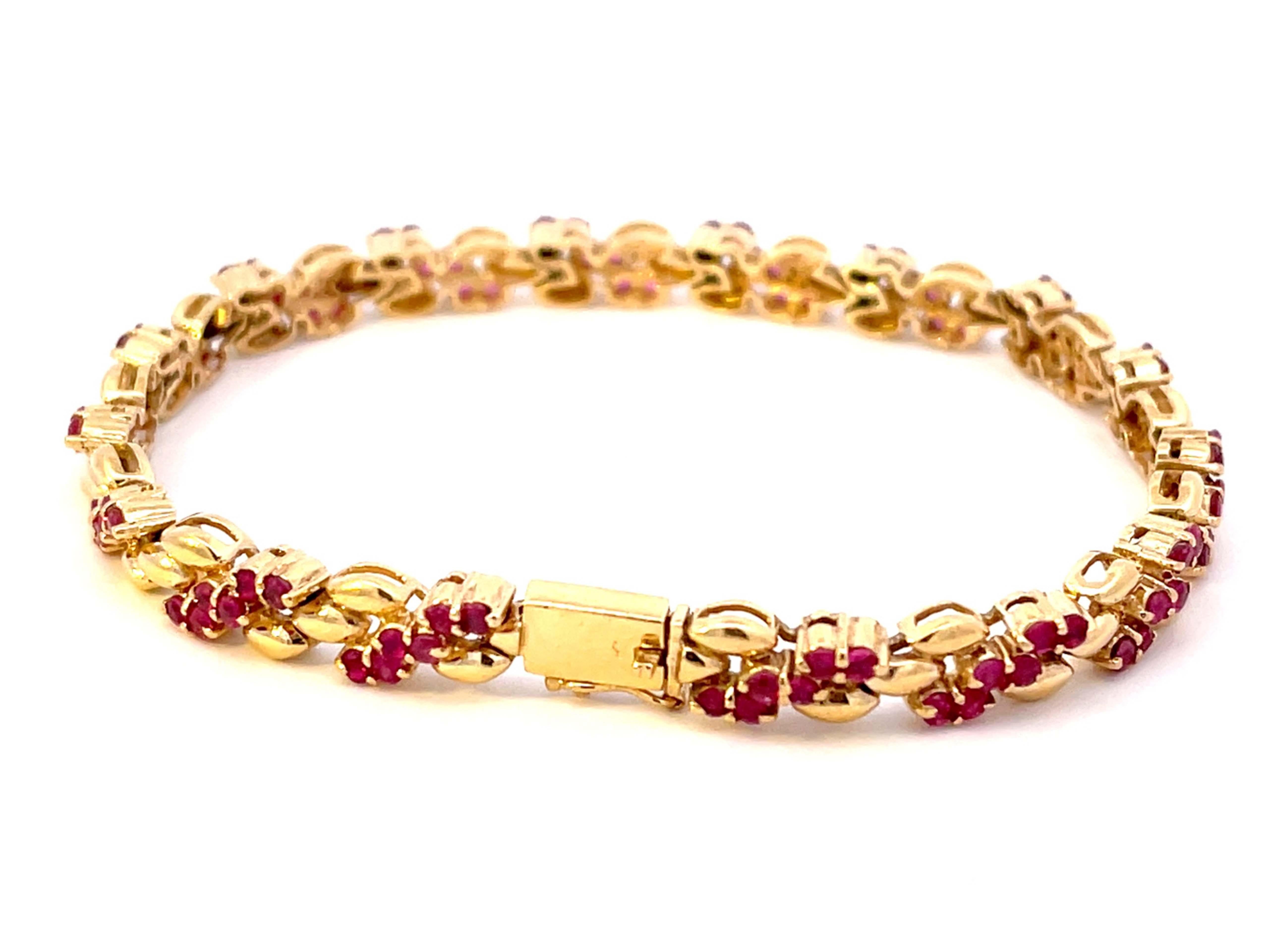 Round Red Ruby Gold Link Bracelet in 14k Yellow Gold For Sale 2