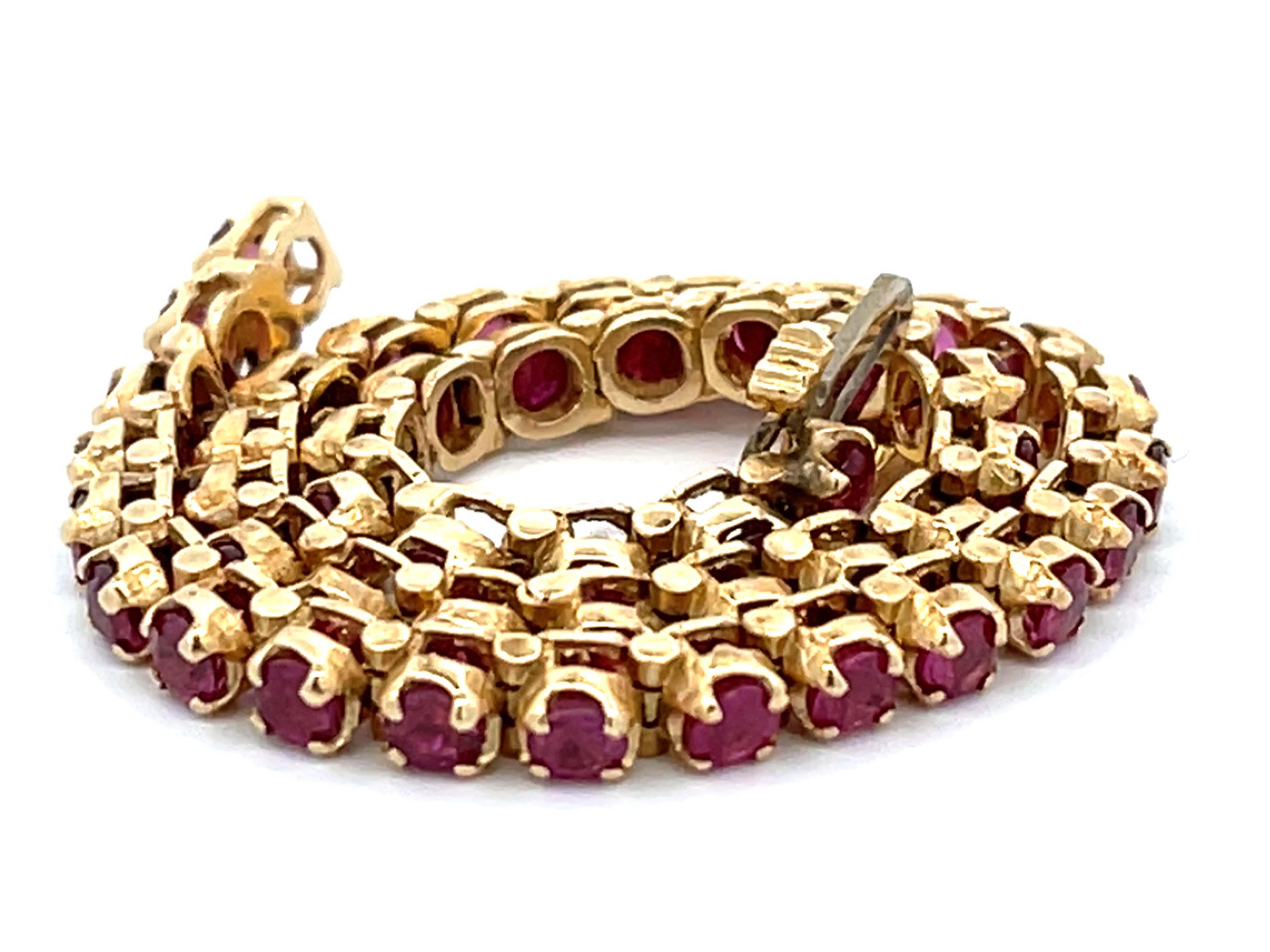 Women's Round Red Ruby Tennis Bracelet in 14k Yellow Gold For Sale