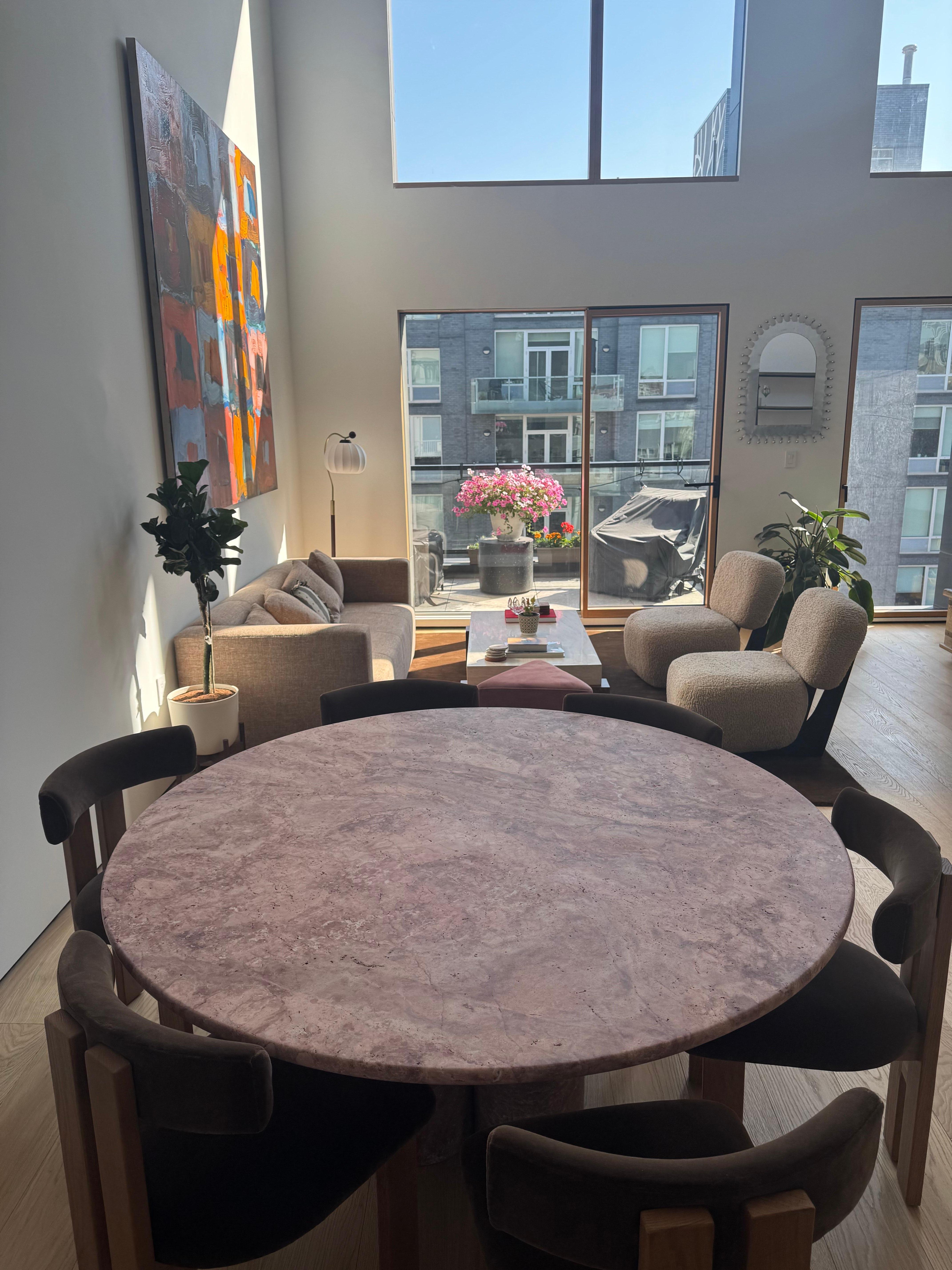 Stone Round Red Travertine Dining Table with Column Legs in style of Mario Bellini For Sale
