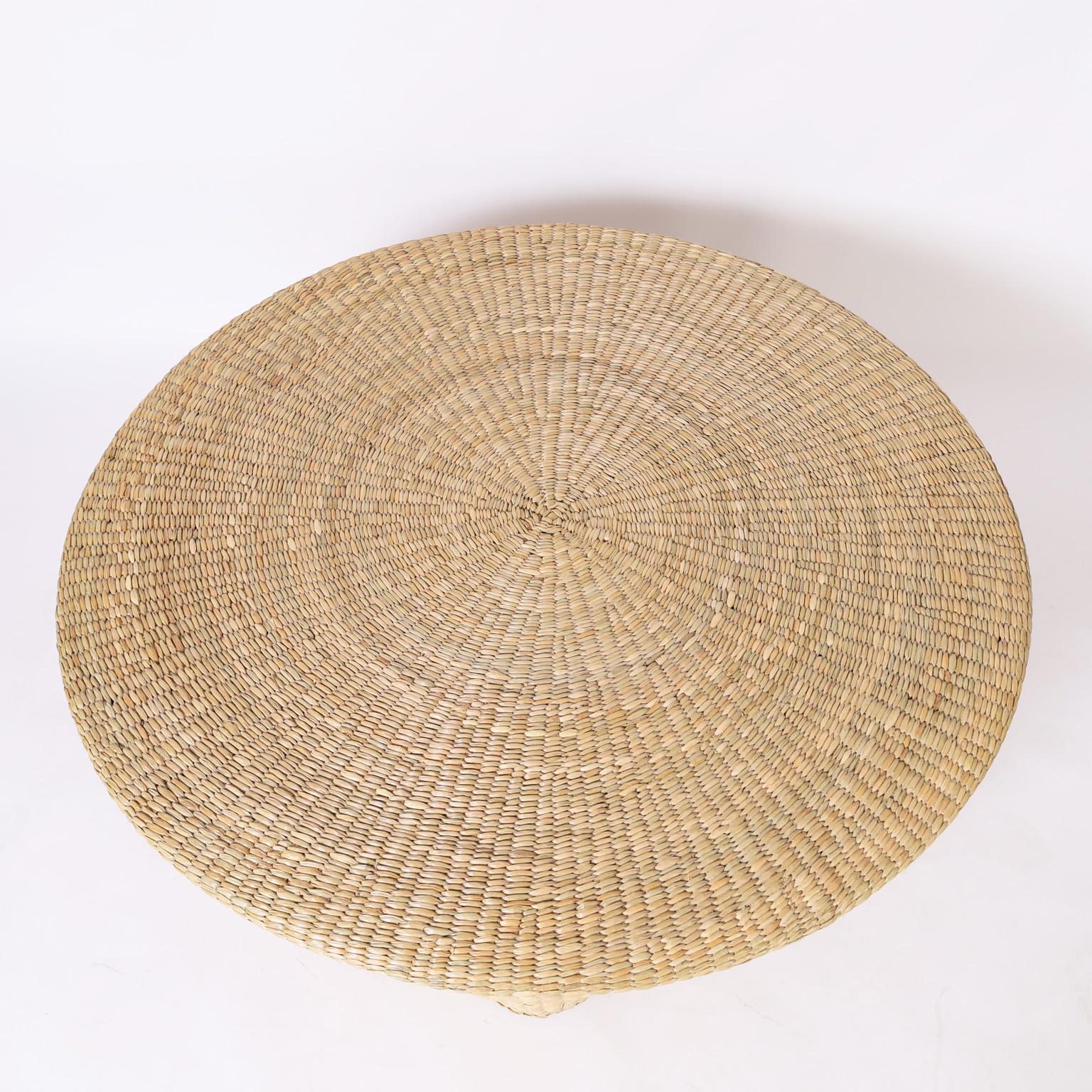 Mid-Century Modern Round Reed Wrapped Ghost Drapery Coffee Table from the FS Flores Collection For Sale