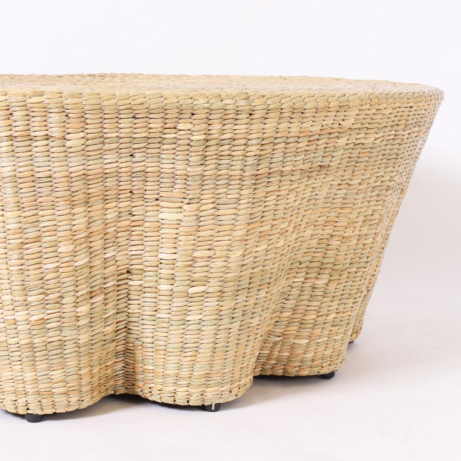 Contemporary Round Reed Wrapped Ghost Drapery Coffee Table from the FS Flores Collection For Sale