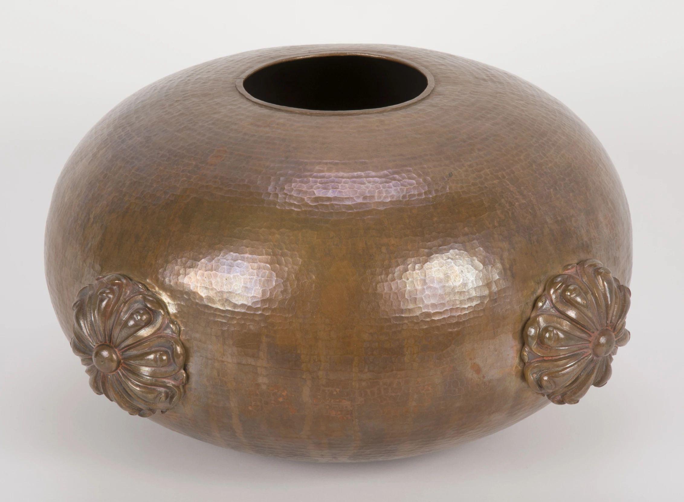 Other Round Repousse Copper Lotus Form Vase Handcrafted in India by Stephanie Odegard For Sale