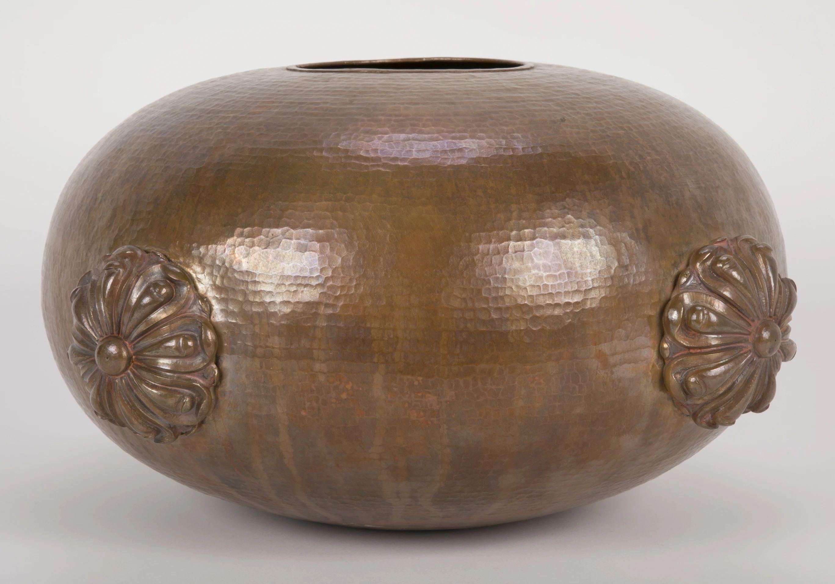 Indian Round Repousse Copper Lotus Form Vase Handcrafted in India by Stephanie Odegard For Sale