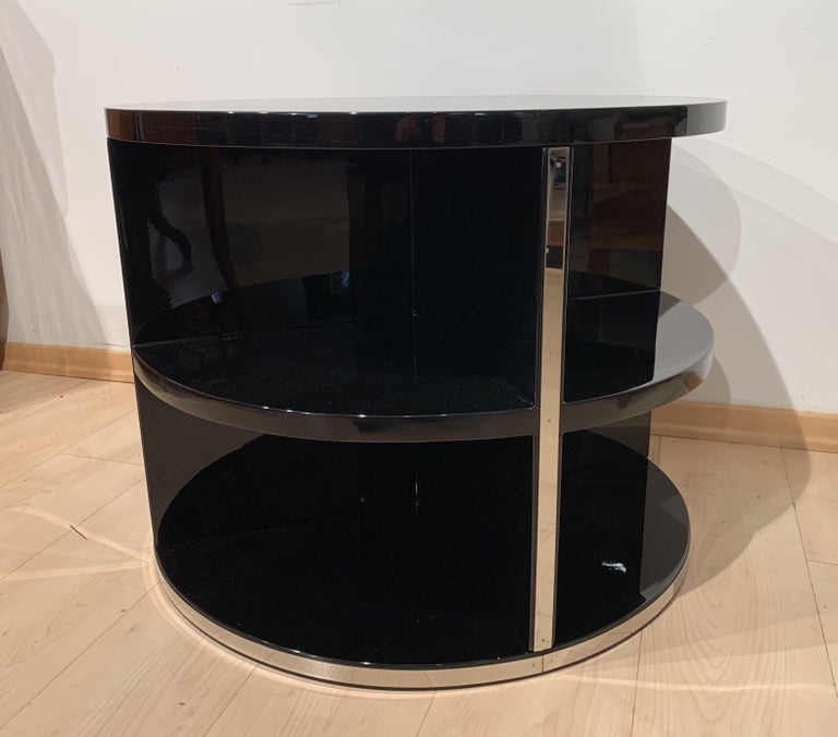 Round Restored Art Deco Sofa Table, Black Lacquer and Metal, France