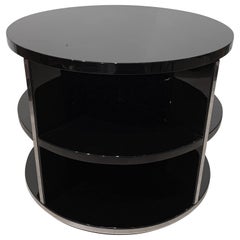 Round Restored Art Deco Sofa Table, Black Lacquer and Metal, France, circa 1930