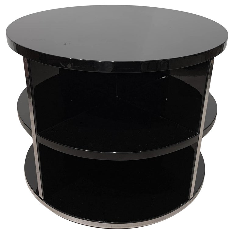 Round Restored Art Deco Sofa Table, Black Lacquer and Metal, France