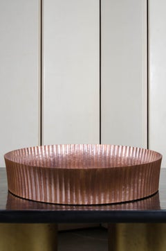 Round Ribbed Cachepot - Light Antique Copper, Hand Repousse