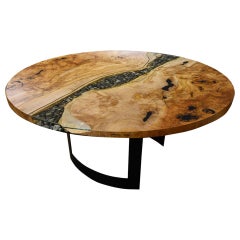 Round RiverRun, Live Edge Dining Table in Character Grade Maple, Glass Feature