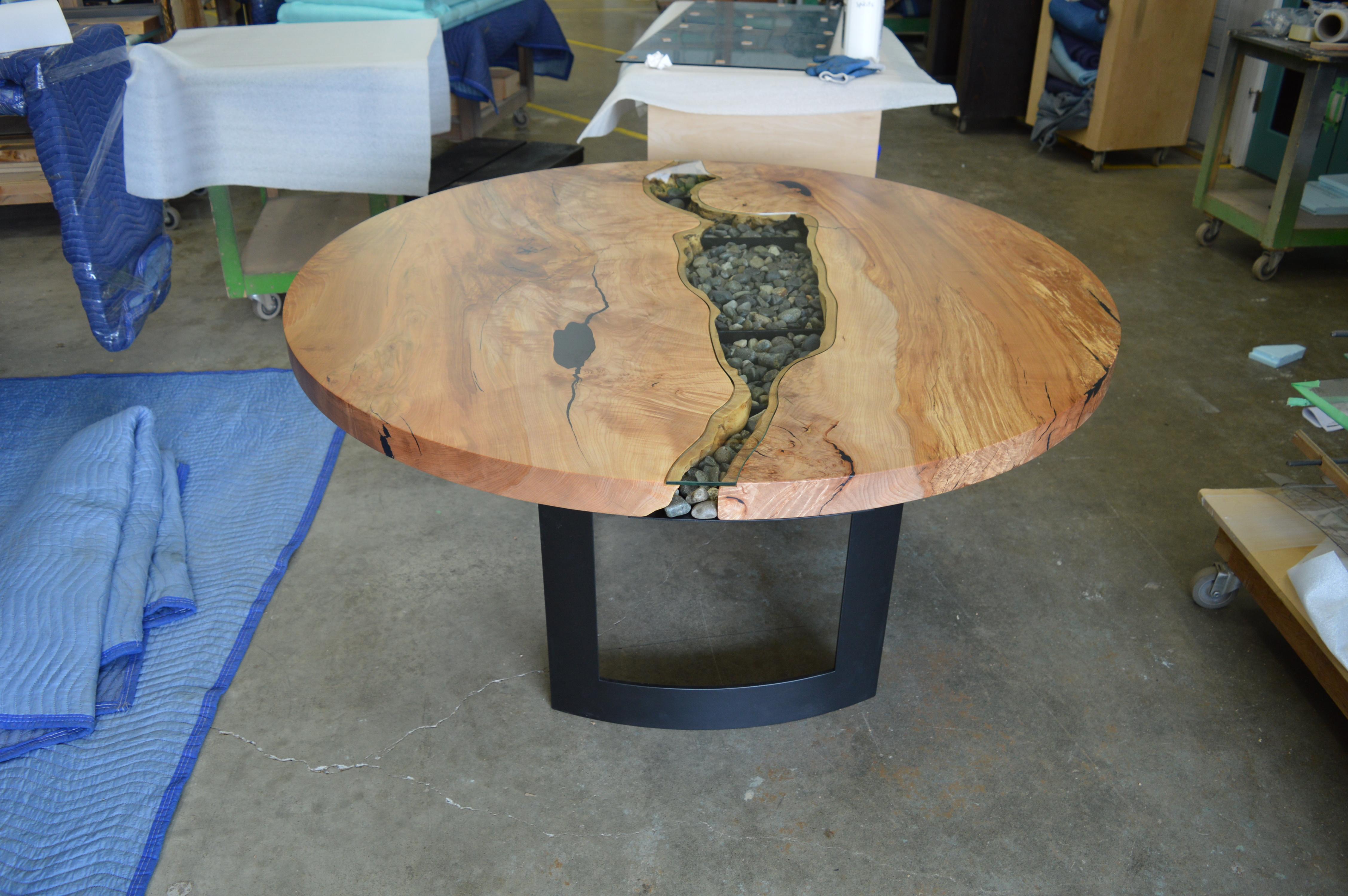Canadian Round RiverRun, Live Edge Dining Table in Character Grade Maple W/ Glass For Sale