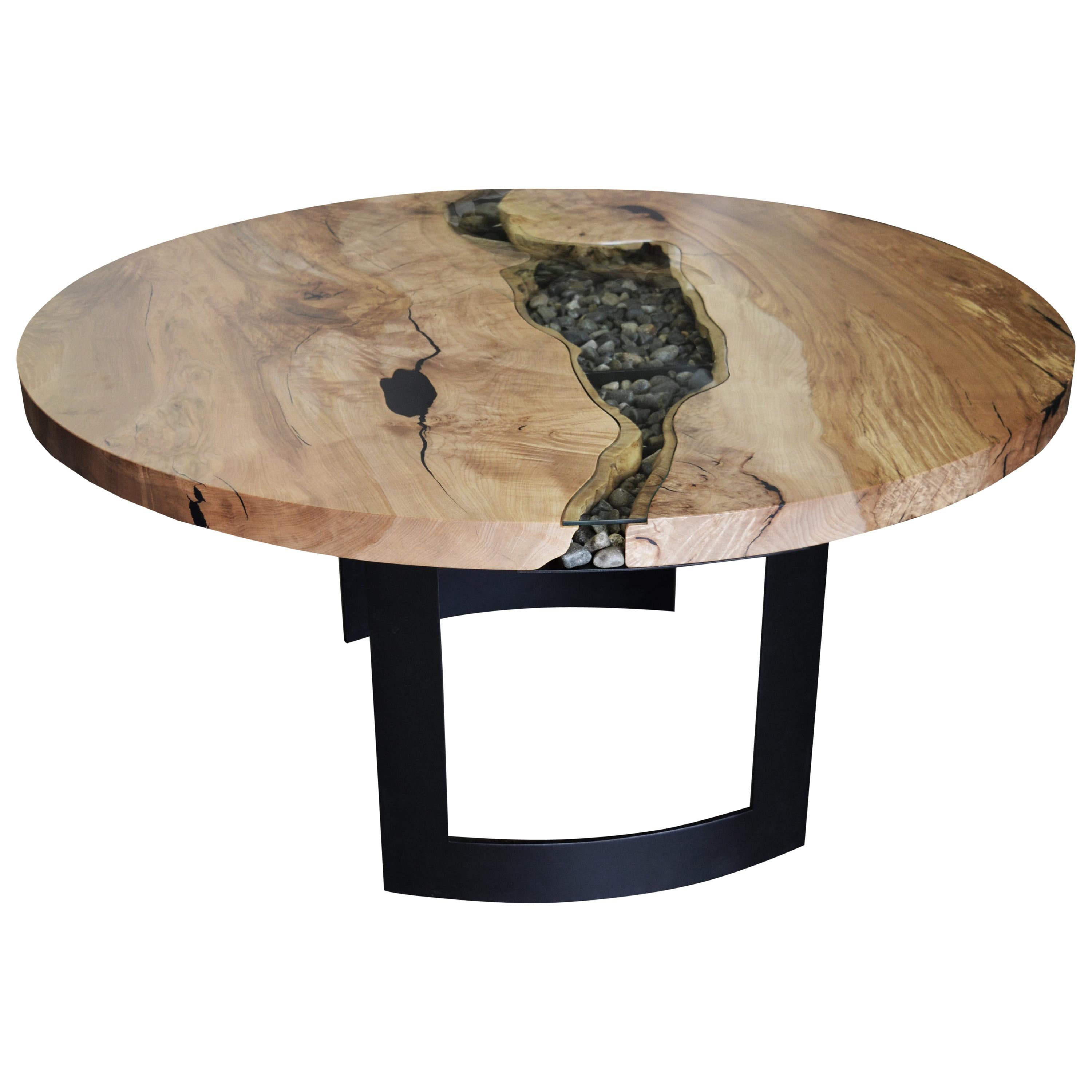 Round RiverRun, Live Edge Dining Table in Character Grade Maple W/ Glass For Sale