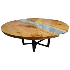 Round RiverRun, Live Edge Dining Table in Character Grade Maple with Blue Glass