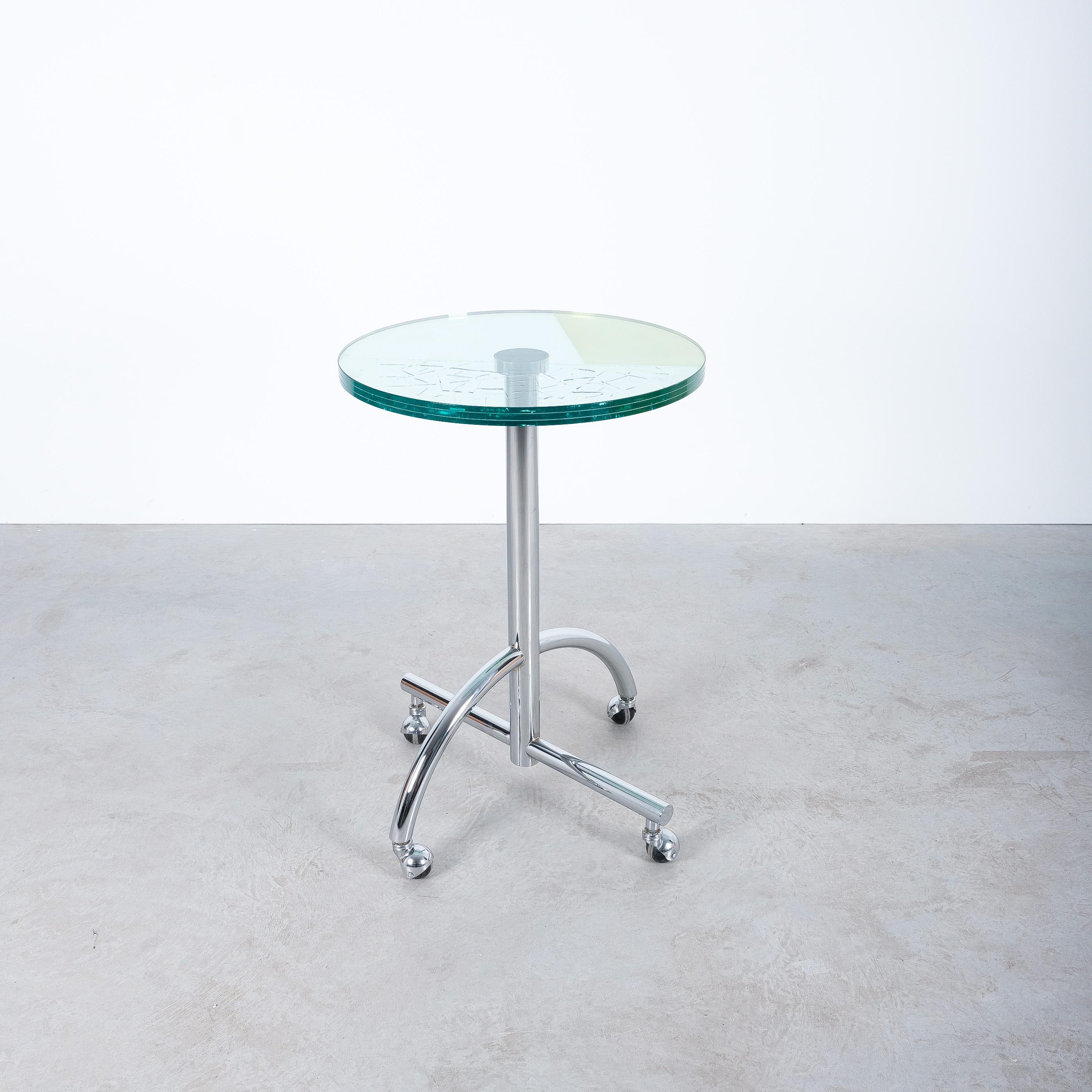 Round rolling table sally by Shiro Kuramata for Memphis, 1987

Dimensions are 30.31