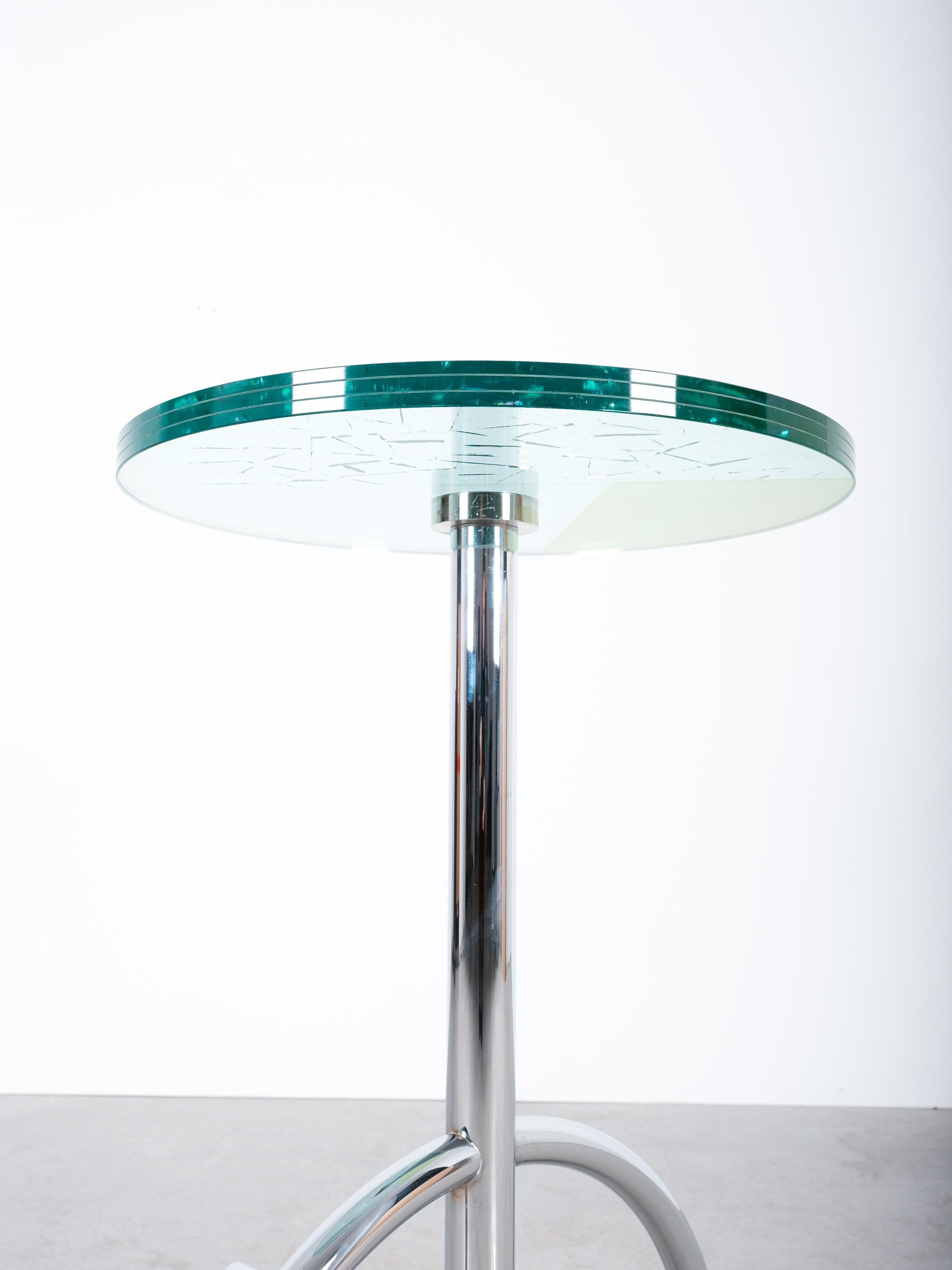 Japanese Memphis Table By Shiro Kuramata Sally Glass Chrome Rolling Table, 1987 For Sale