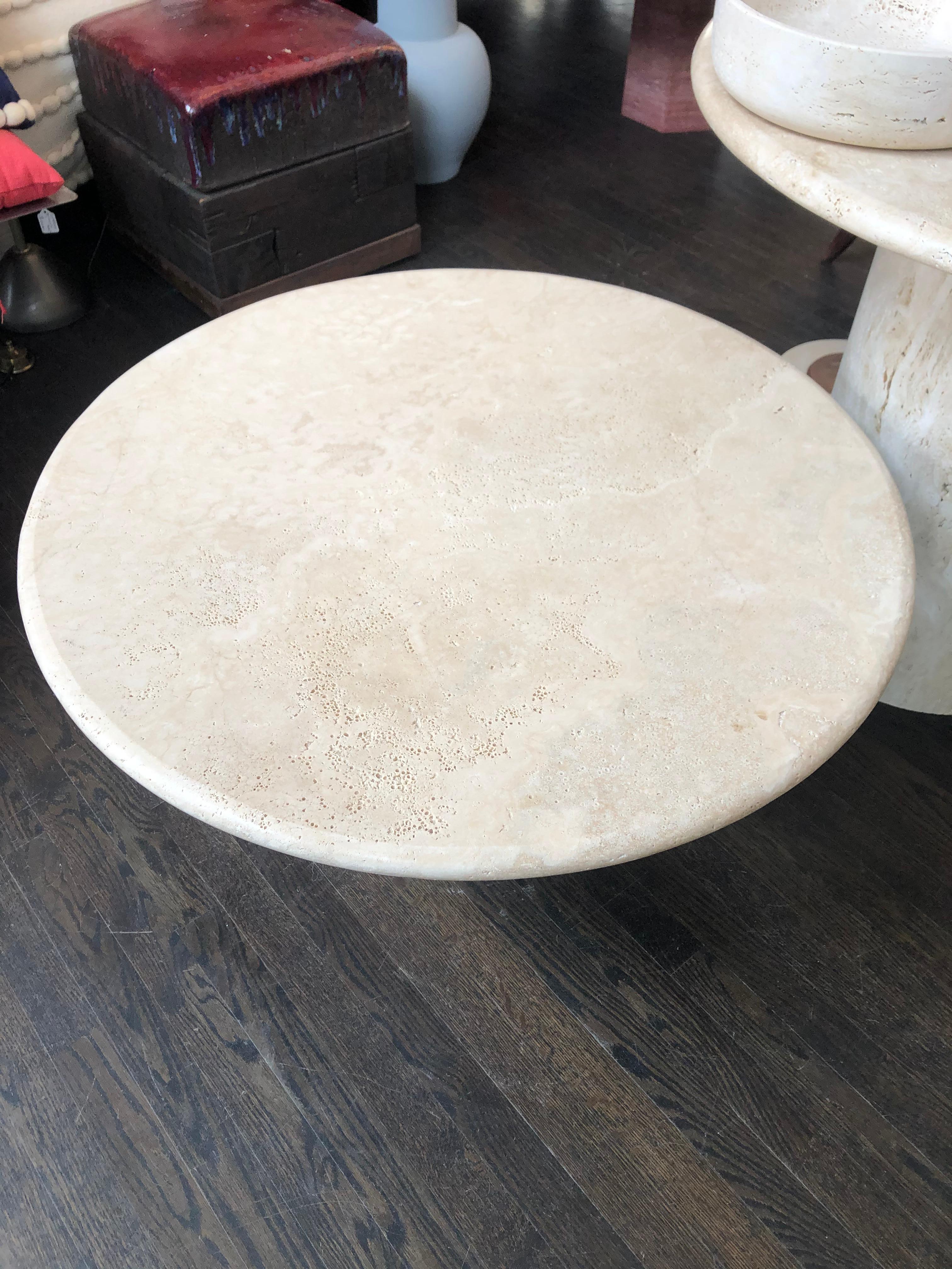 Round Roman travertine coffee table by Le Lampade
Available now. This table can be totally custom.