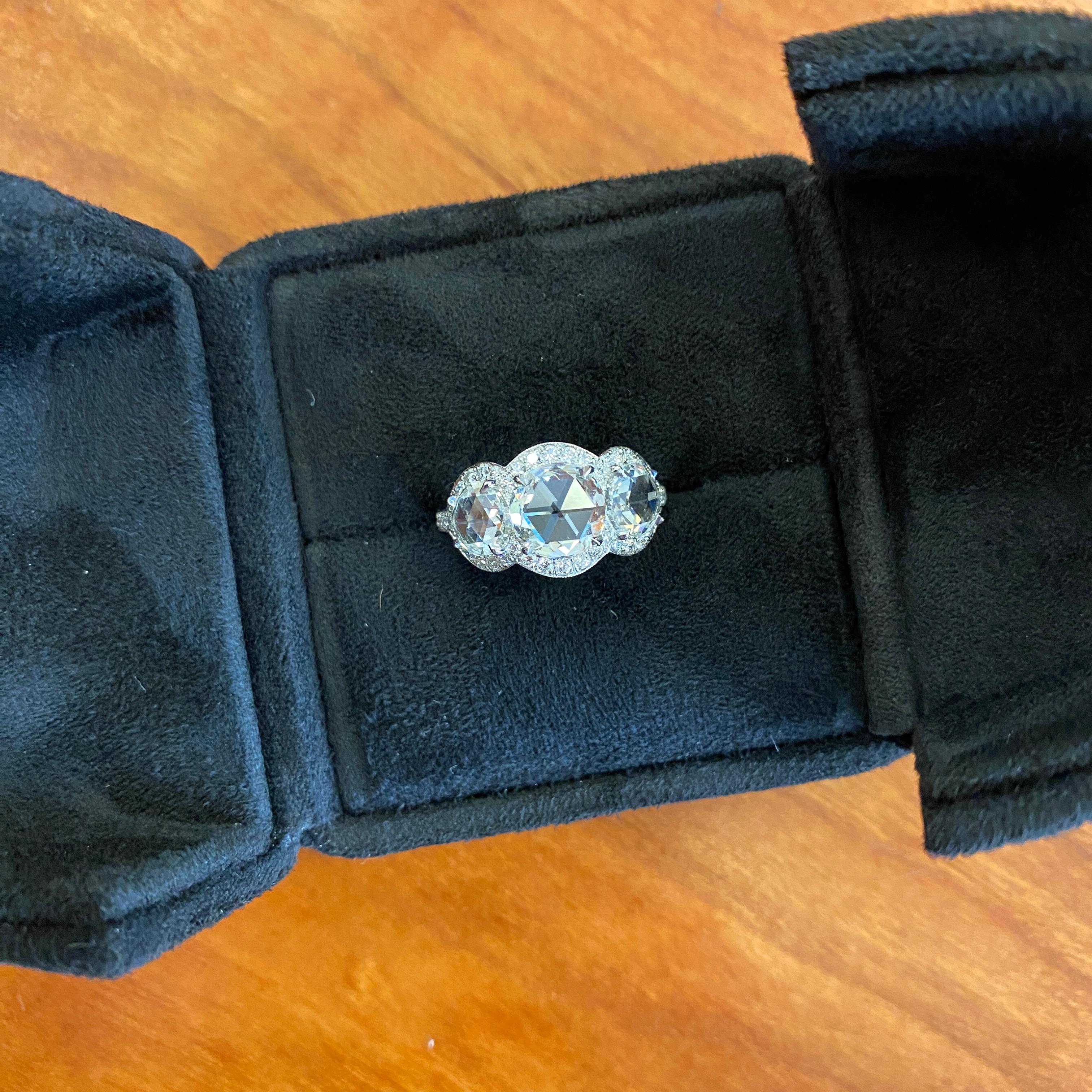 Round Cut Round Rose Cut Diamond Three Stone Ring, 2.91 Carats For Sale