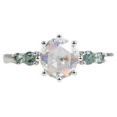 Round Rose Cut Moissanite Sapphire Sides Engagement Ring 14K White Gold R6103