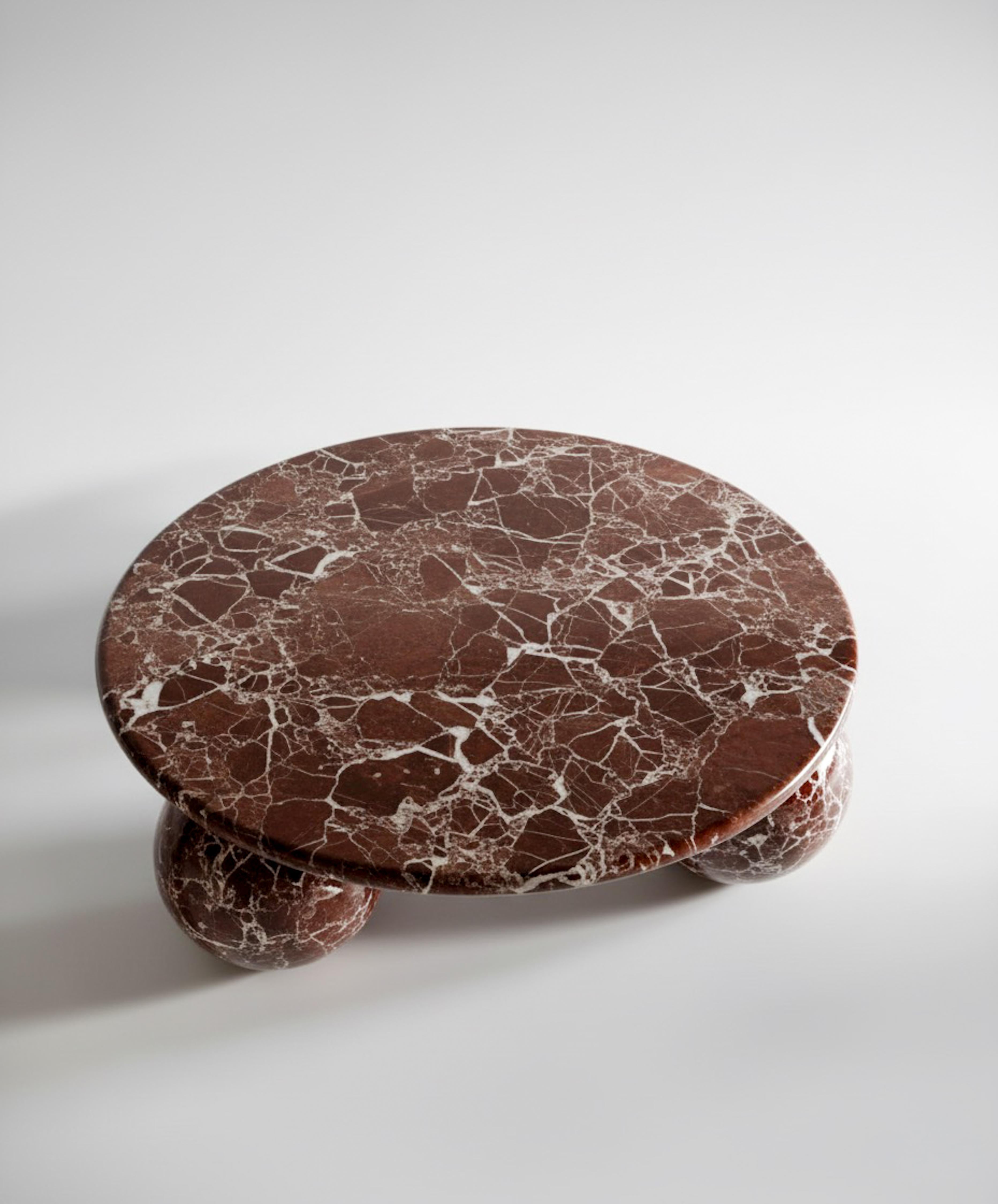 Hand-Carved Round Rosso Levanto Marble Coffee Table - Red Marble Center Table For Sale