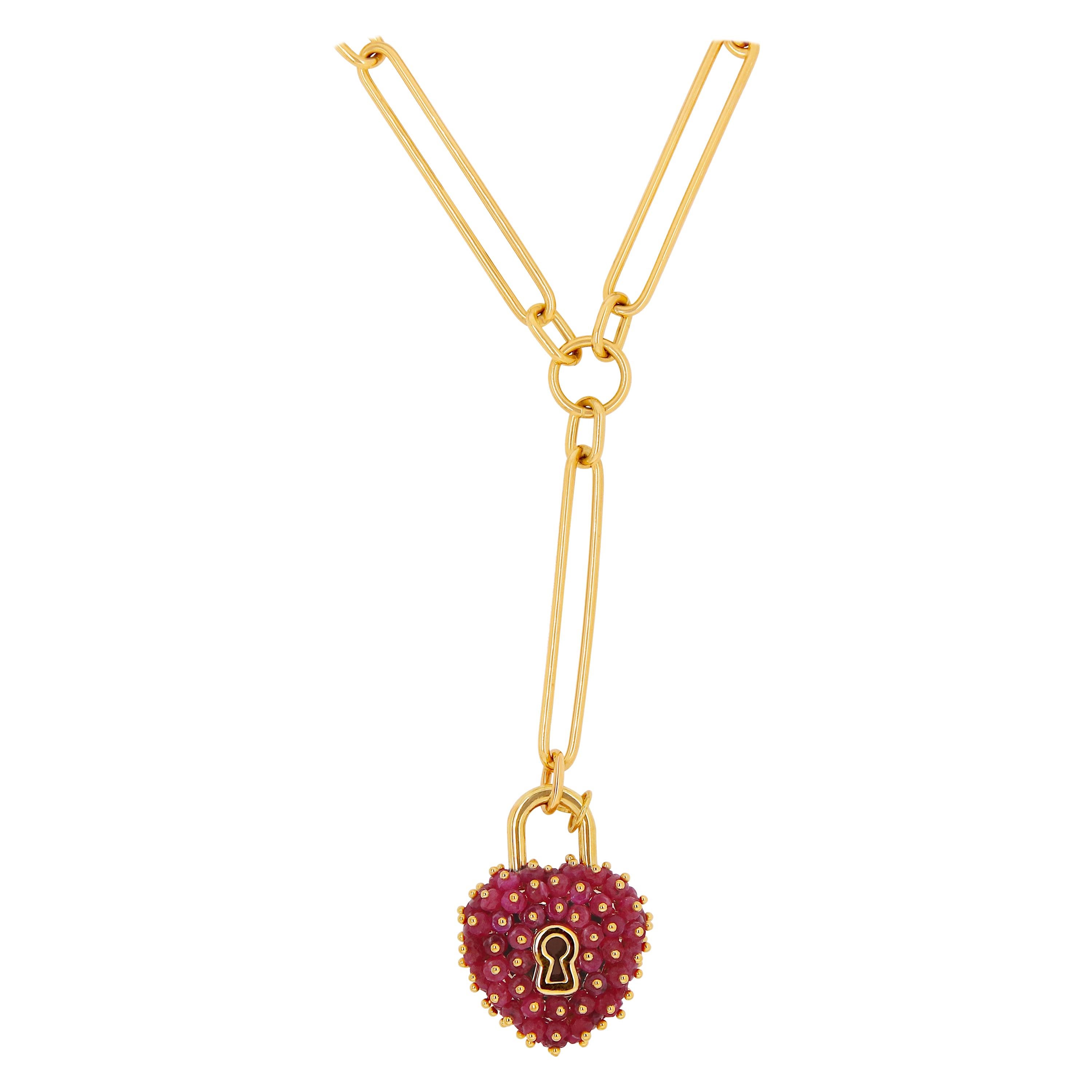 Heart Shape Ruby Lock with Paperclip Link Chain Pendant Necklace 14K Yellow Gold