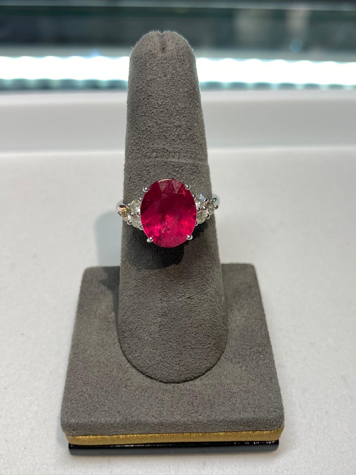 Round Rubellite Pink Tourmaline Diamond Three Stone 18 Karat White Gold Ring For Sale 5