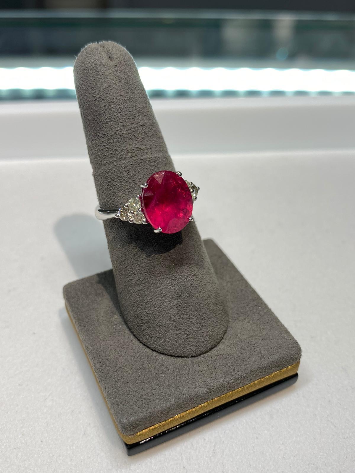 Round Rubellite Pink Tourmaline Diamond Three Stone 18 Karat White Gold Ring For Sale 7