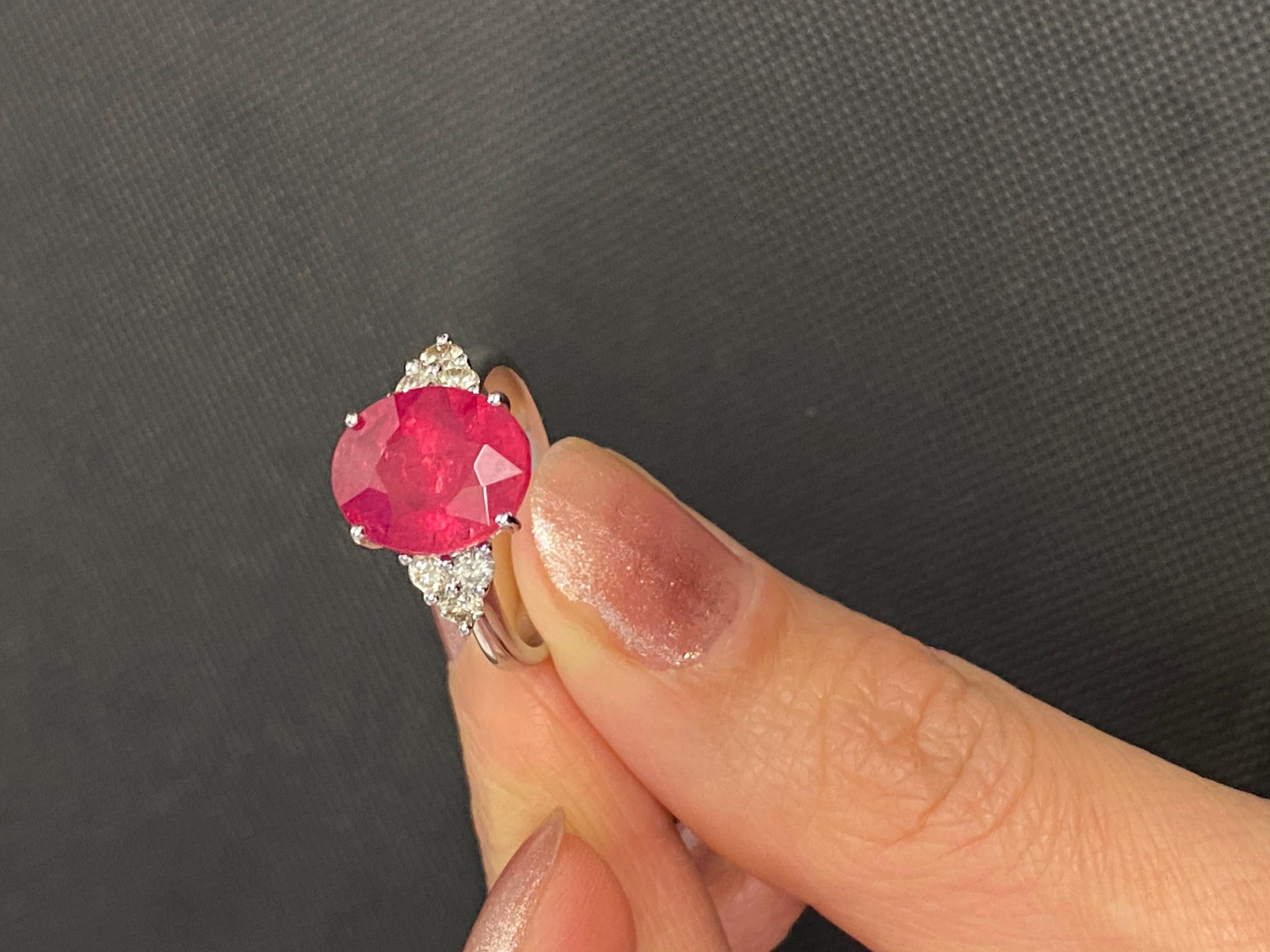 Round Rubellite Pink Tourmaline Diamond Three Stone 18 Karat White Gold Ring For Sale 1