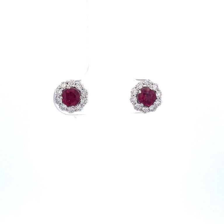 Modern Round Ruby 0.77 CT & Round Diamond Earrings 0.45 CT 18K White Gold For Sale