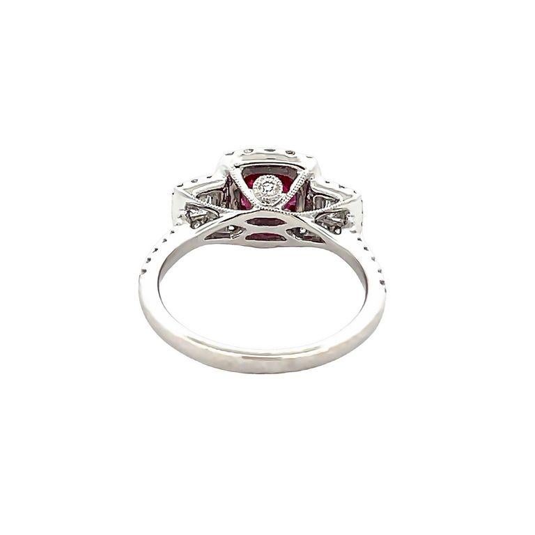 Round Ruby 1.26ct Gia Round & Cushion Diamonds 0.78ct in 18k White Diamond Ring In New Condition For Sale In New York, NY