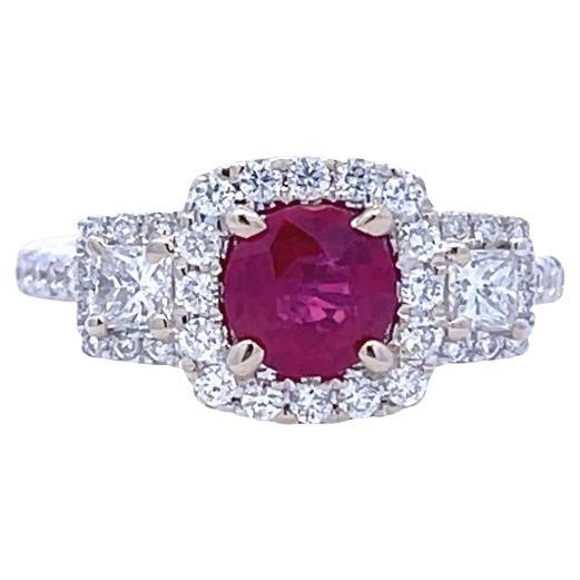 Round Ruby 1.26ct Gia Round & Cushion Diamonds 0.78ct in 18k White Diamond Ring