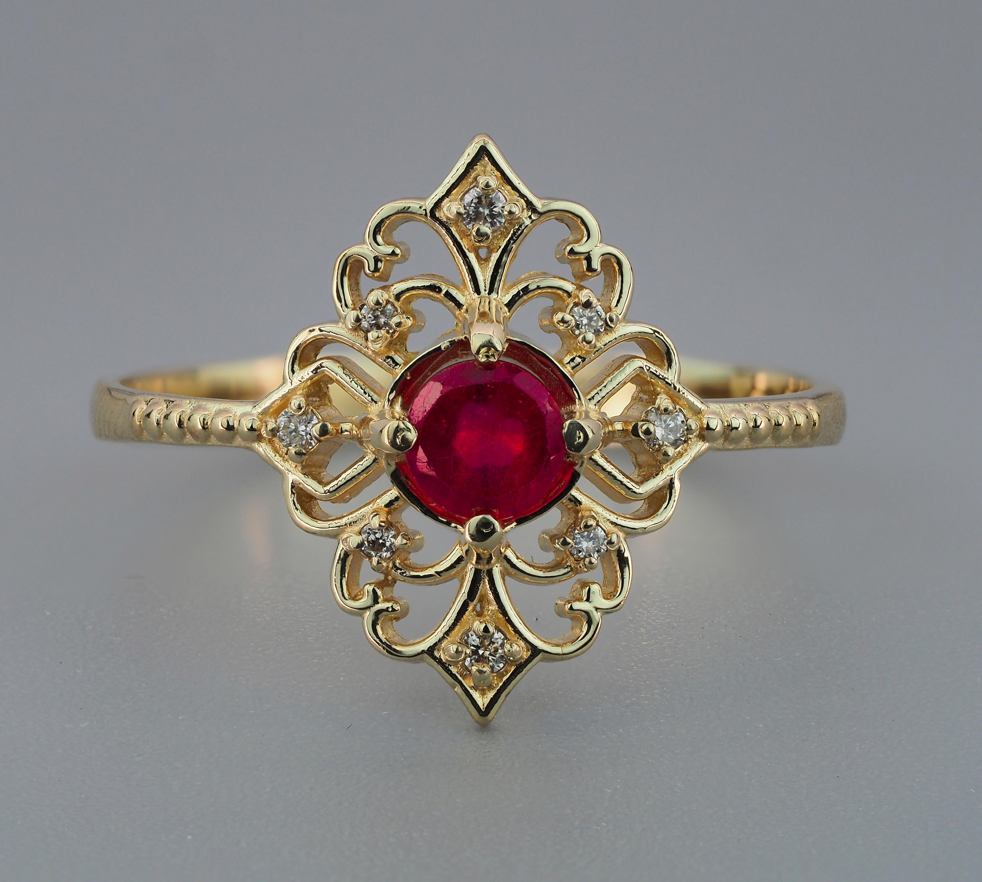 Round ruby 14k gold ring. 
Vintage ruby ring. Ruby gold ring. Red gemstone ring. July birthstone ring. Ruby, diamonds ring. Genuine ruby ring.

Metal: 14k gold
Weight: 1.9 g. depends from size.

Central stone: Ruby
Cut: Round
Weight: aprx 0.5
