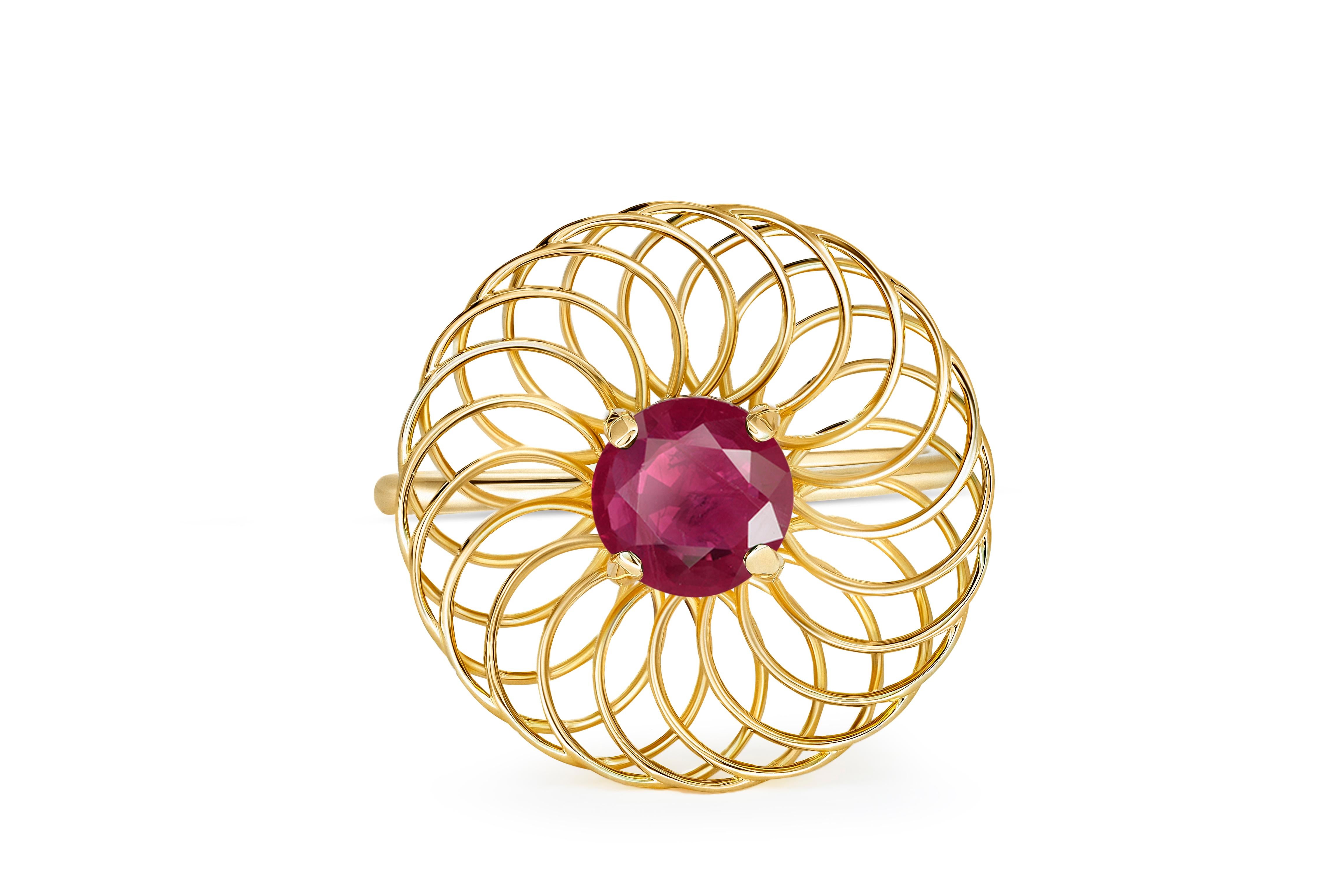 Round ruby 14k gold ring. 
Ruby engagement ring. Ruby Geometric ring. Genuine ruby ring. Ruby vintage ring. July birthstone ring.

Metal type: 14kt solid gold
Weight 2.00 g. depends from size

Gemstones:
Central stone: natural ruby
Cut: