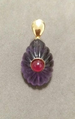 Round Ruby 14k Yellow Gold Hook Engraved Pear Shape Natural Amethyst Pendant