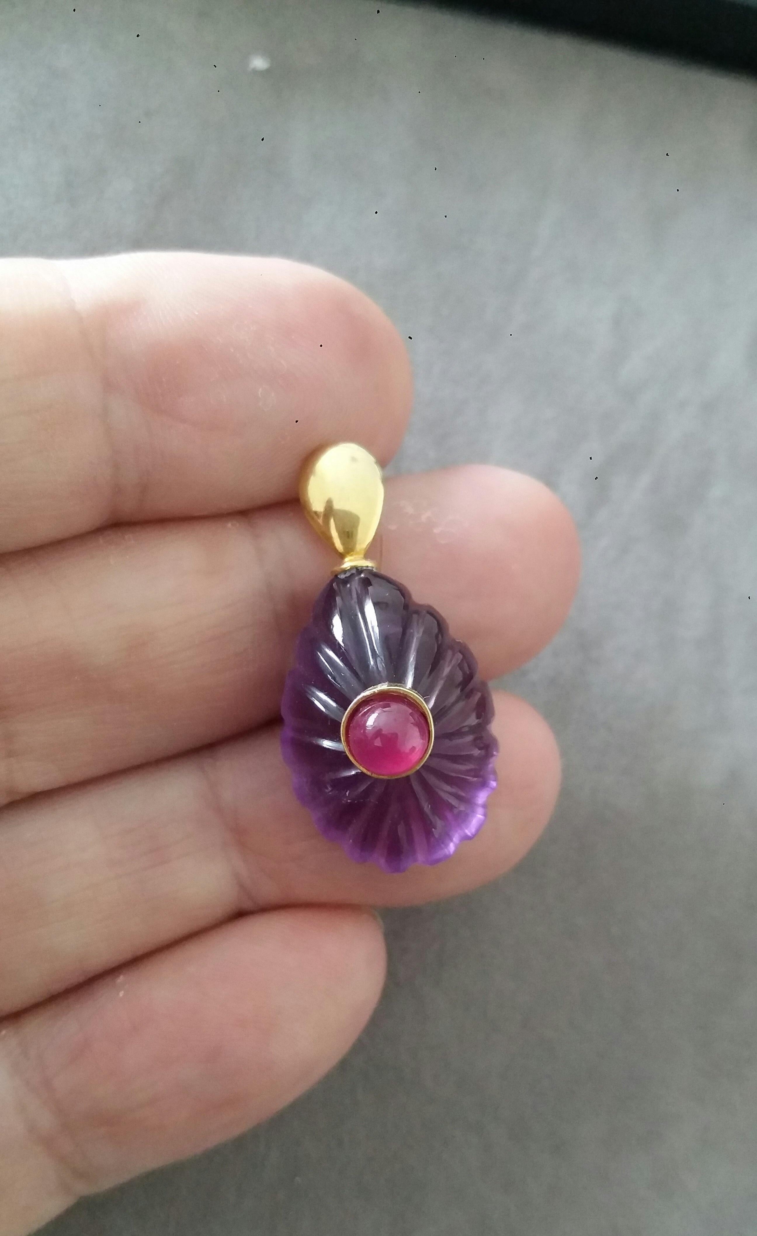 Mixed Cut Round Ruby 14k Yellow Gold Hook Engraved Pear Shape Natural Amethyst Pendant For Sale