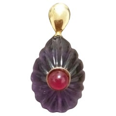 Round Ruby 14k Yellow Gold Hook Engraved Pear Shape Natural Amethyst Pendant