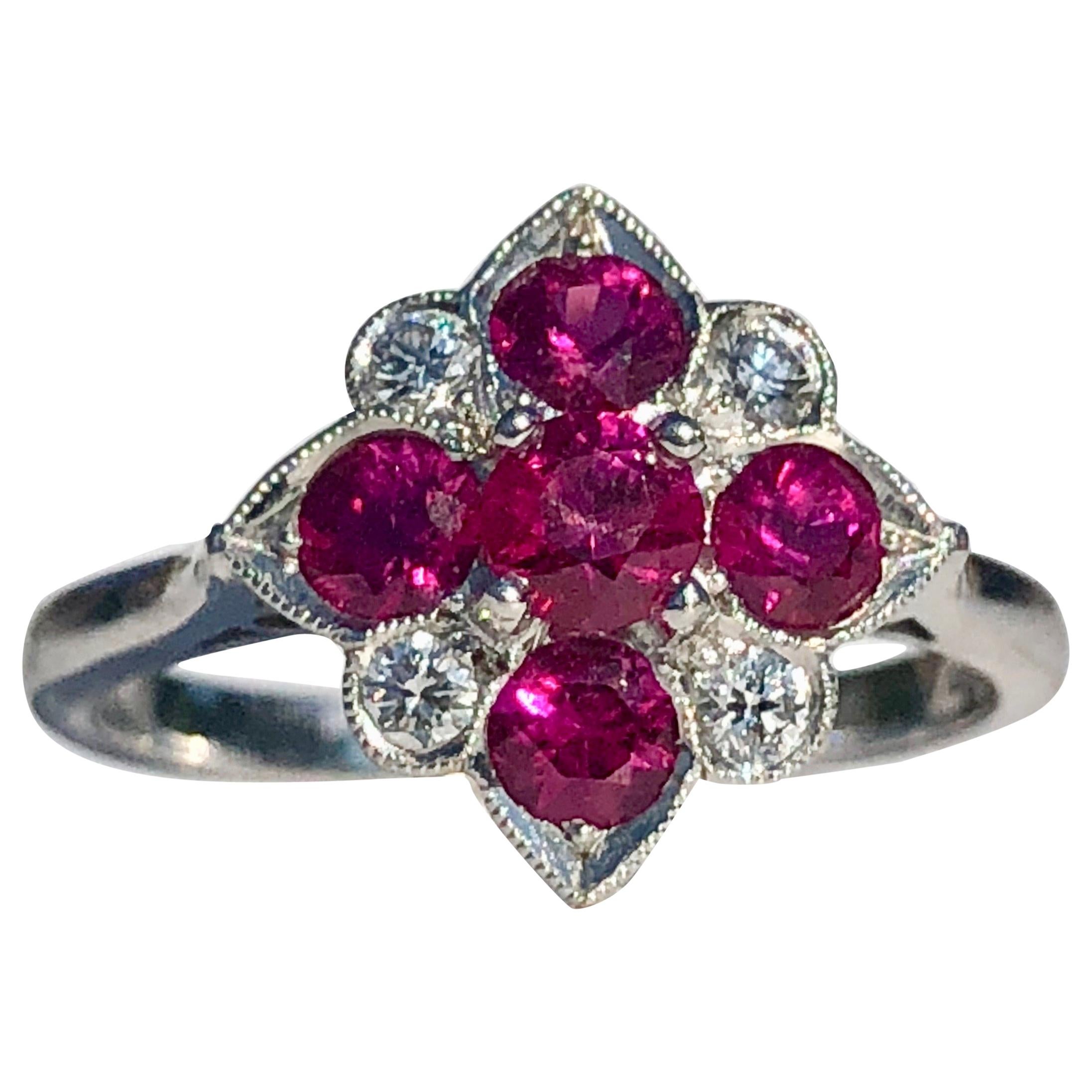Round Ruby and Diamond Art Deco Style Cocktail Anniversary Ring 18 Karat For Sale
