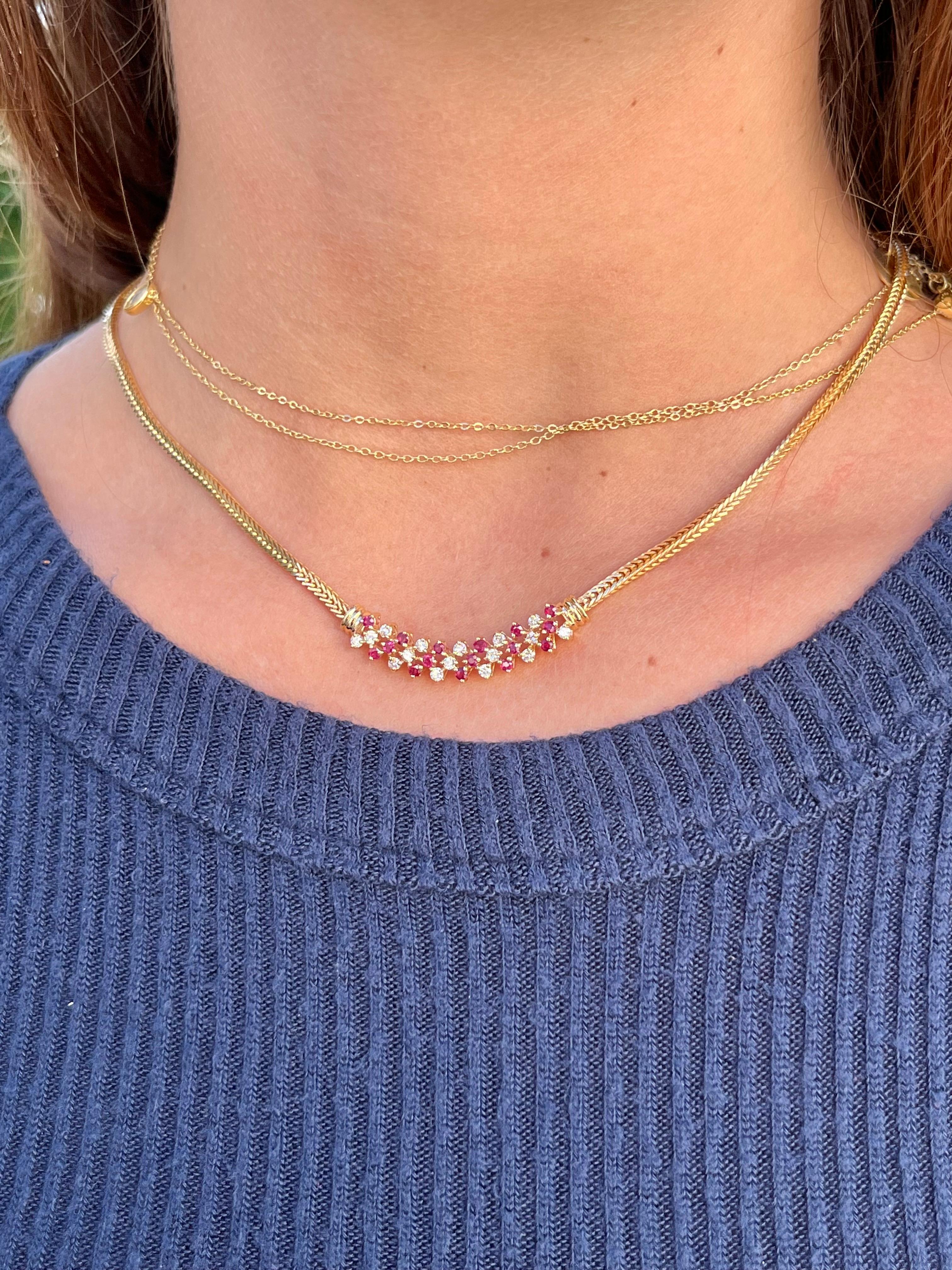 14K yellow gold integral Ruby and Diamond necklace. This stunning gemstone cluster necklace has a comfortable integration with the 14k gold wheat chain. The necklace is versatile enough for special occasions and daily wear.

Specifics:
✔ Gold Karat: